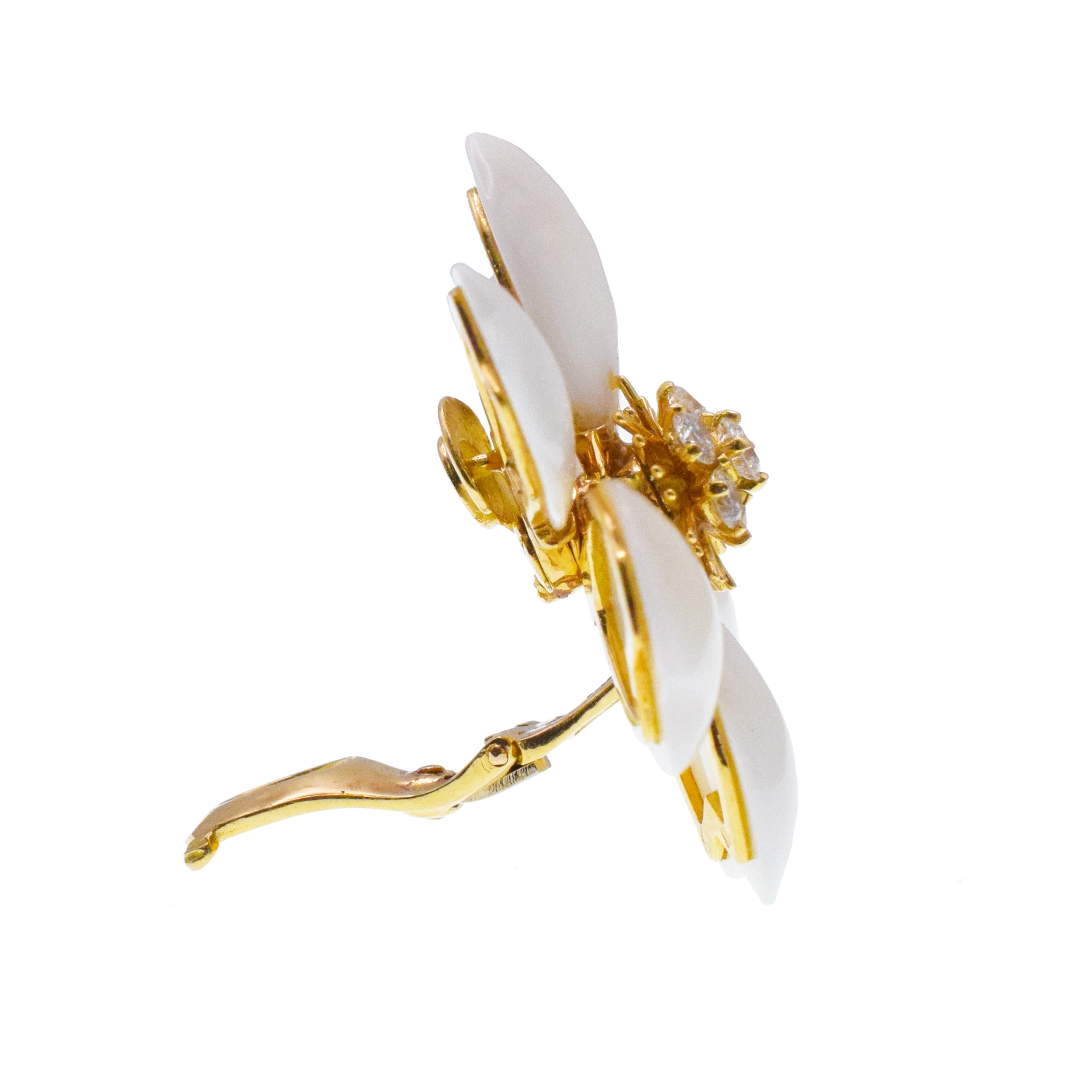Van Cleef & Arpels White Coral 'Rose de Noel' Ear Clip Earrings In 18k Yellow Gold