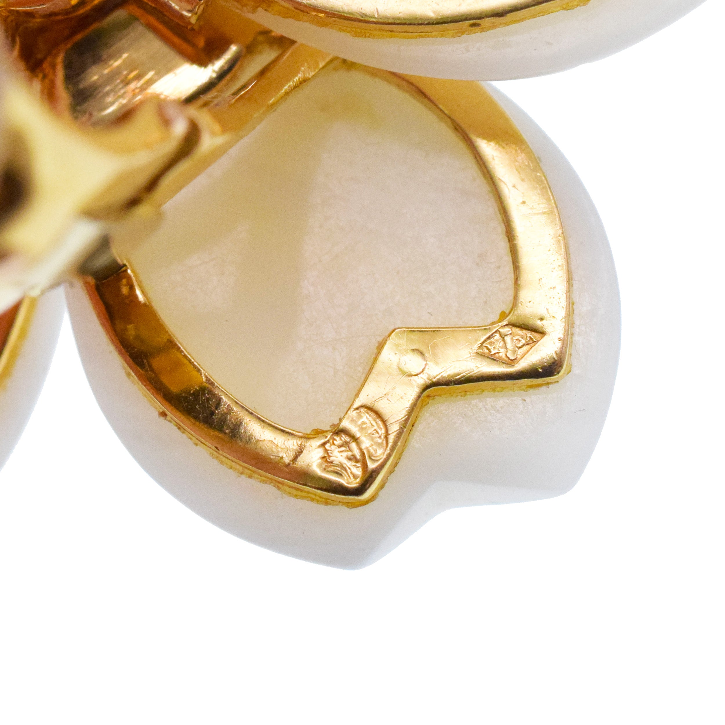 Van Cleef & Arpels White Coral 'Rose de Noel' Ear Clip Earrings In 18k Yellow Gold