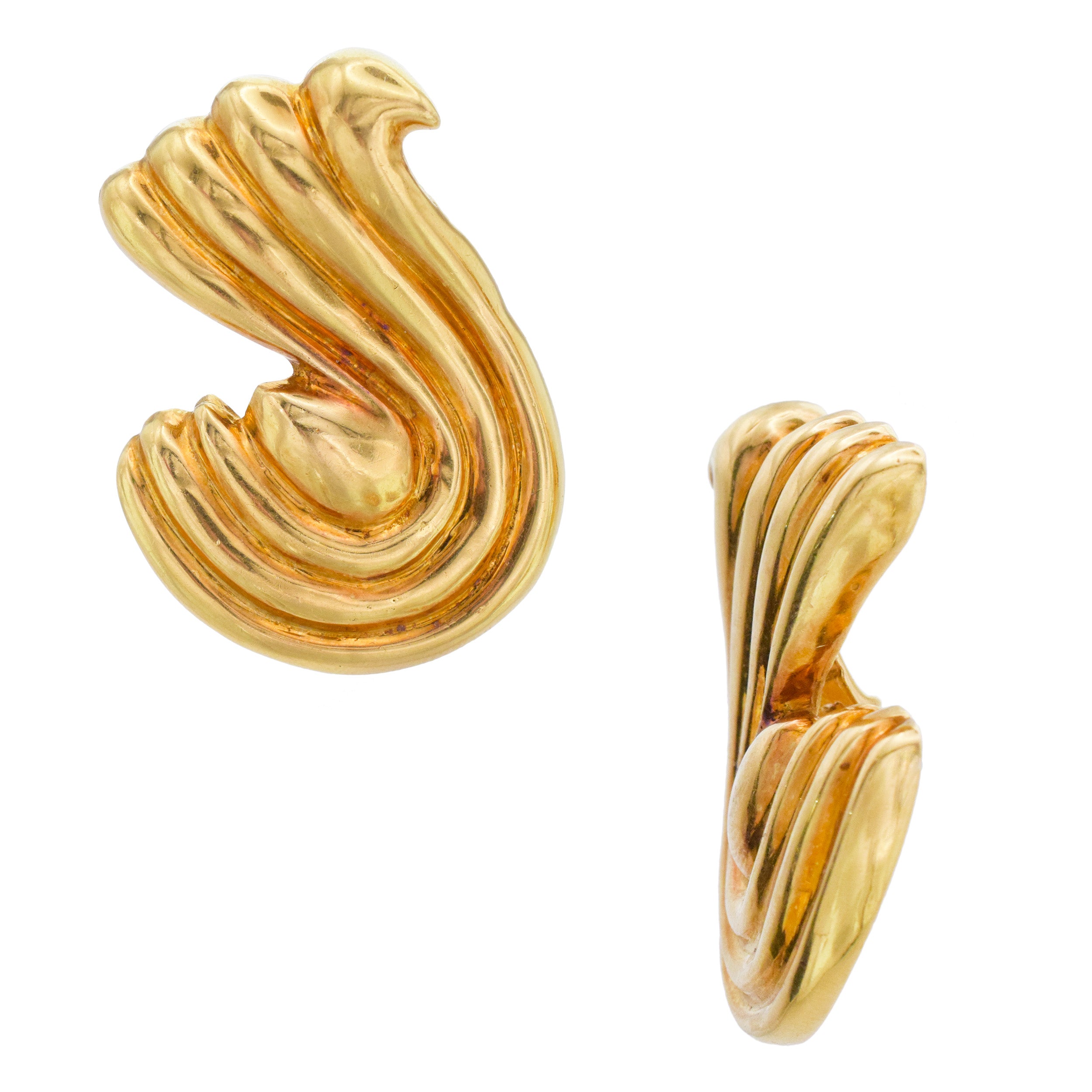 Vintage 18K Yellow Gold Fluted Ribbon Ear-Clip Earrings