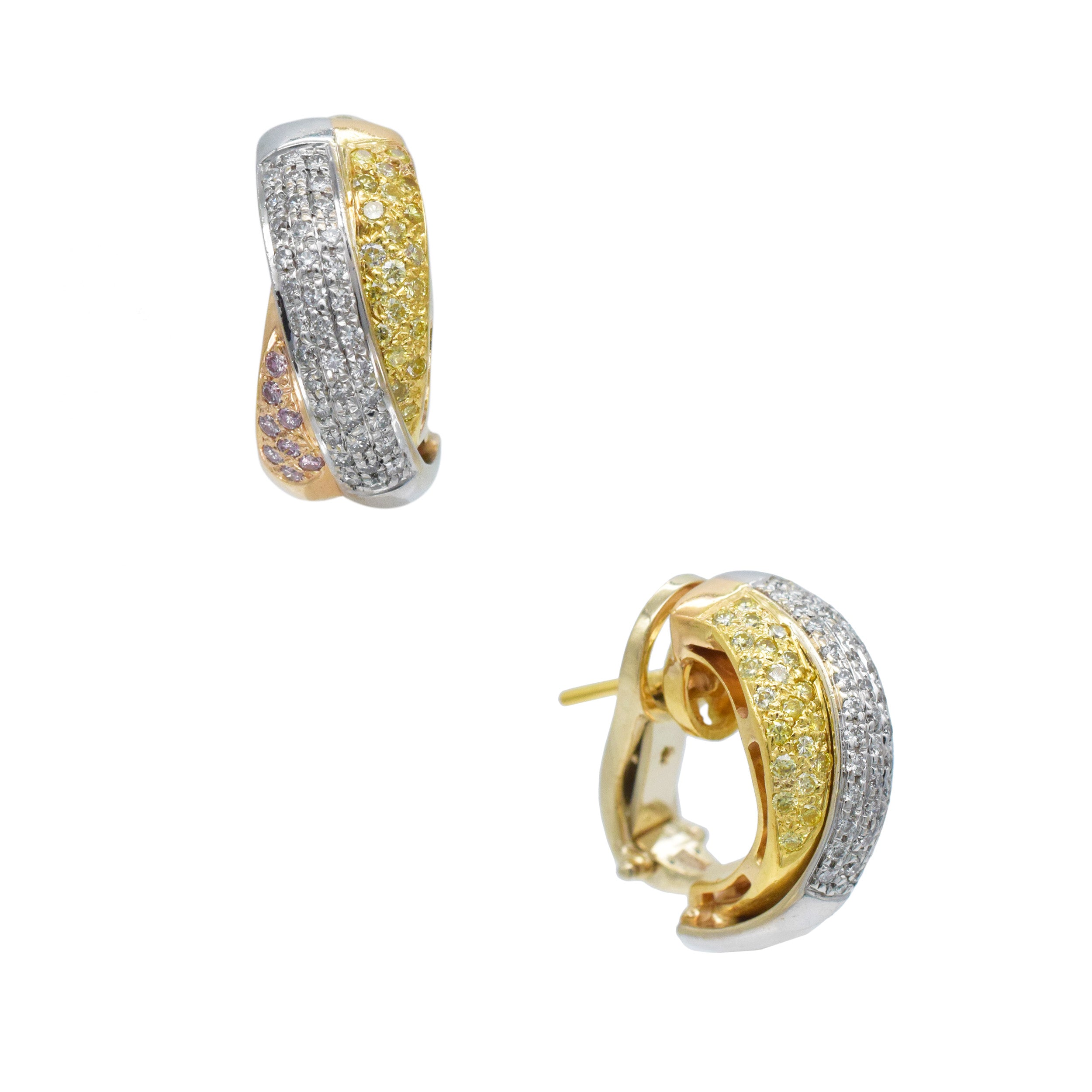 Color And White Diamond Earrings In 18k Tri-Tone Gold