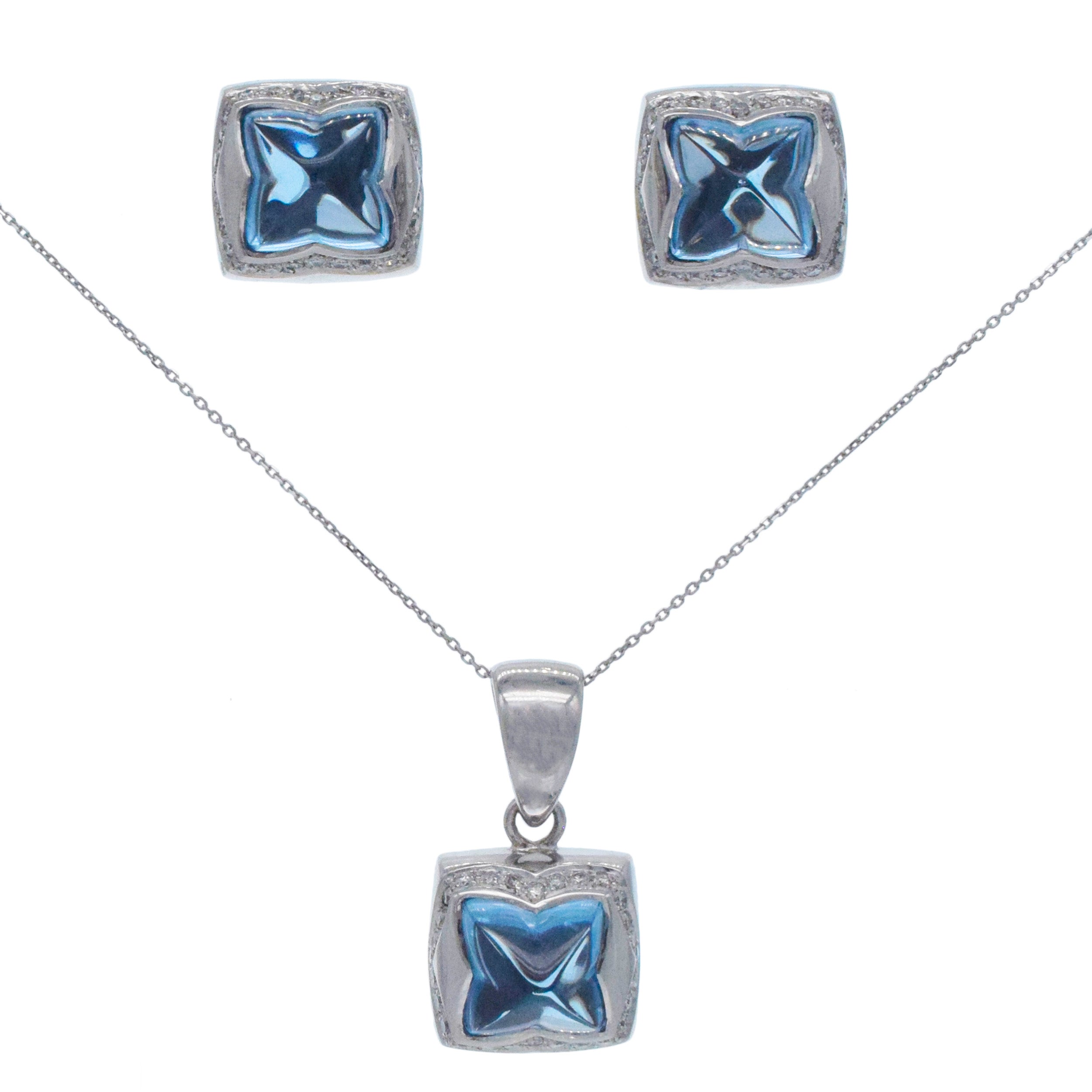Topaz And Diamond Pyramid Earrings And Pendant Set In 18k White Gold with 14k White Gold Chain