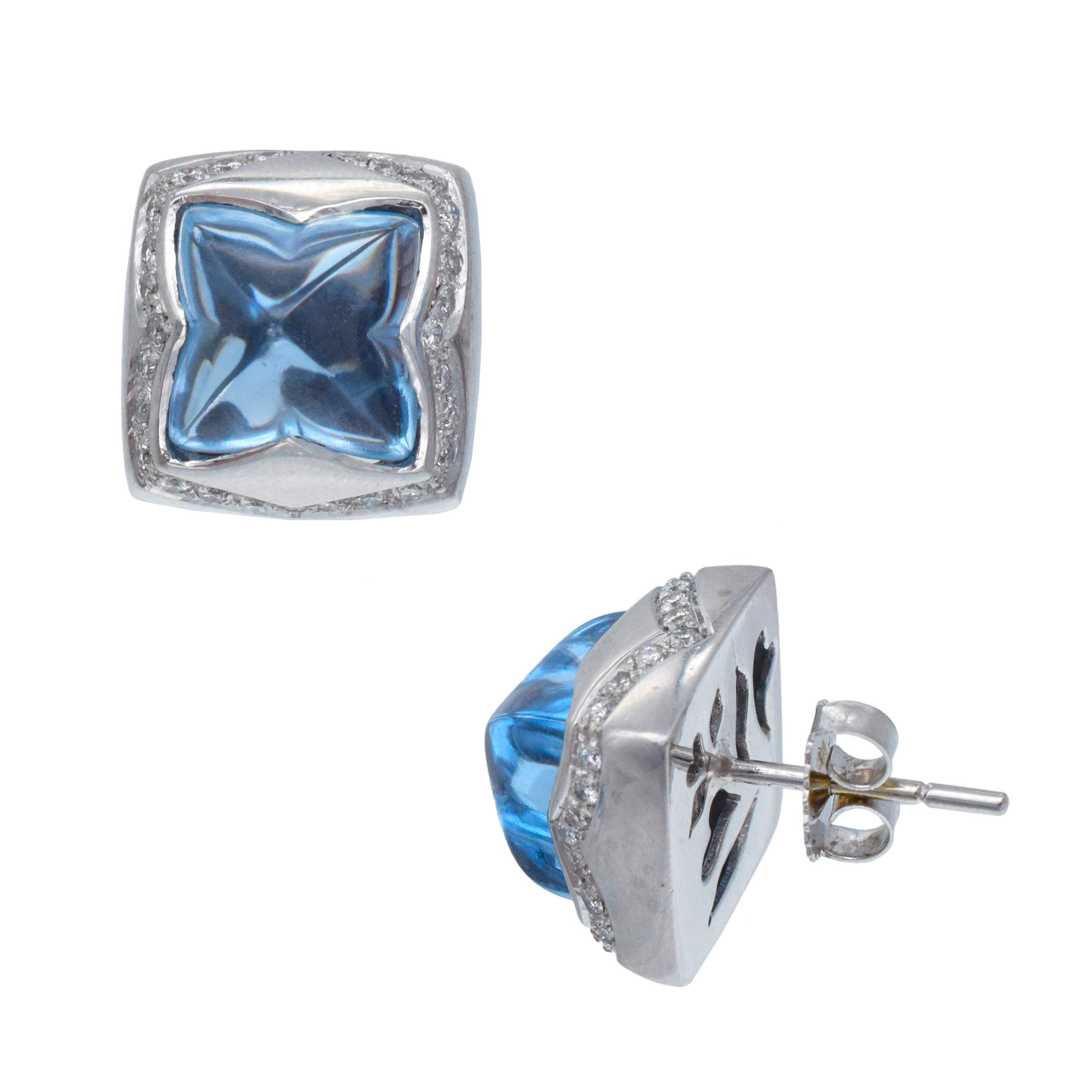 Topaz And Diamond Pyramid Earrings And Pendant Set In 18k White Gold with 14k White Gold Chain