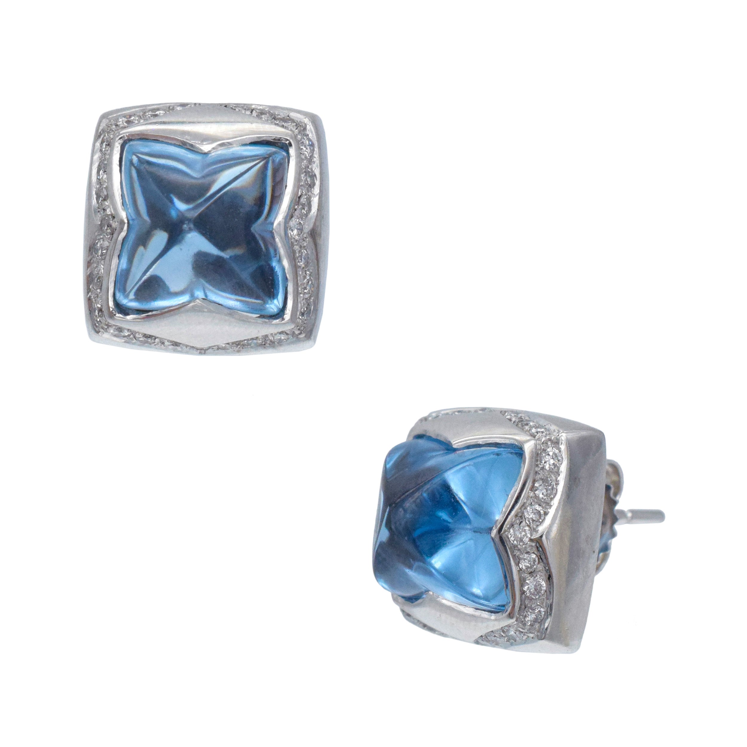 Topaz And Diamond Pyramid Earrings And Pendant Set In 18k White Gold with 14k White Gold Chain