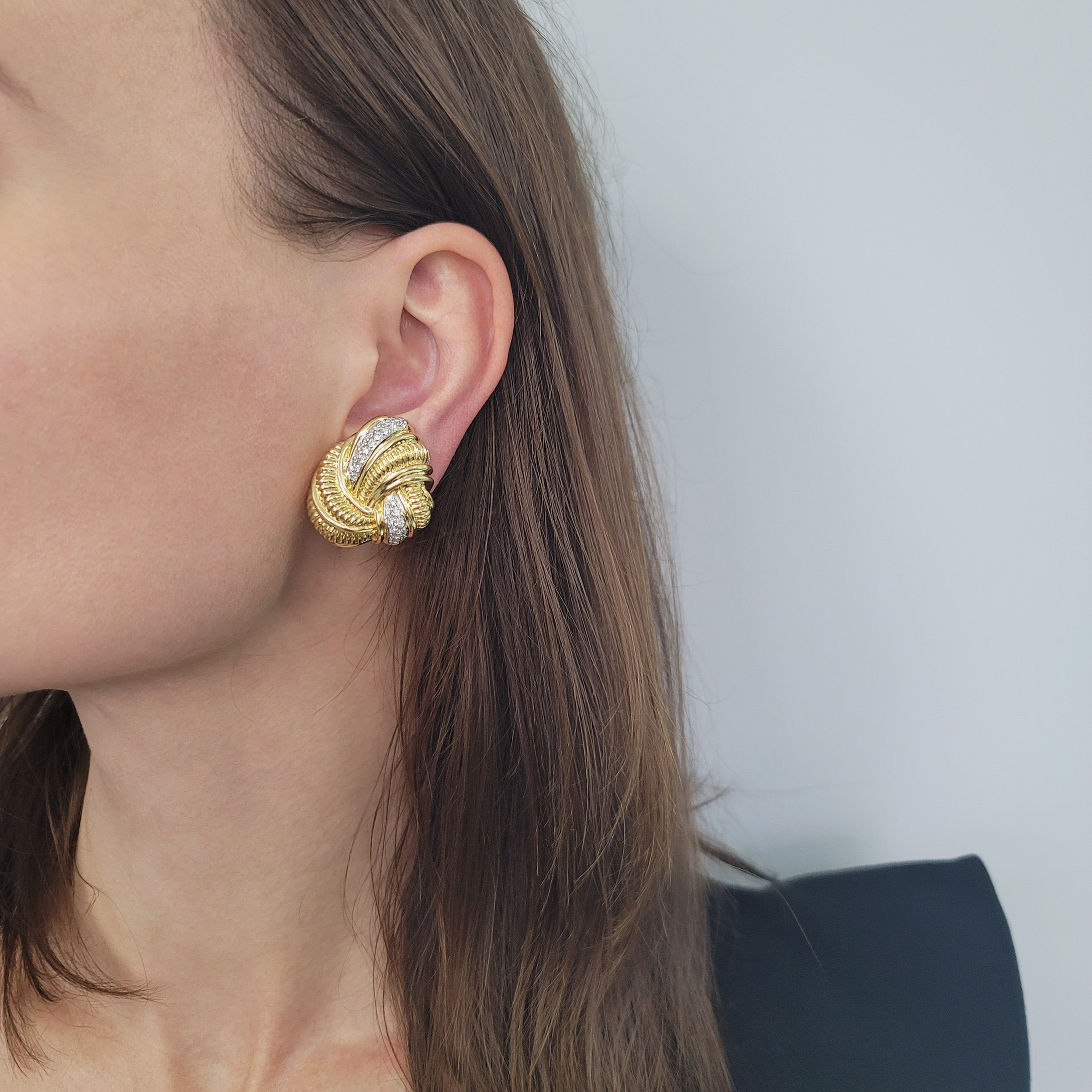 Elan Diamond And Carved Gold Knot Earrings In 18k Yellow Gold