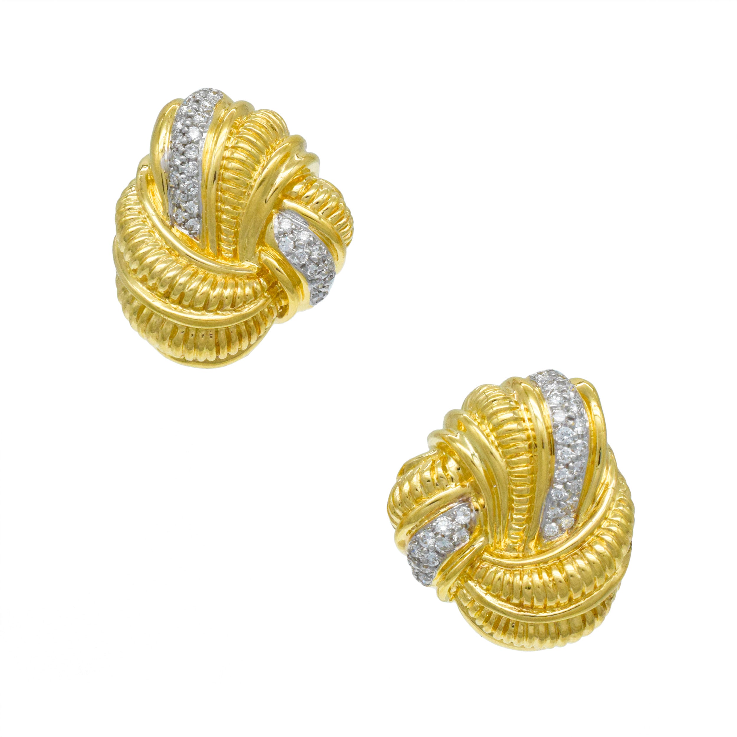 Elan Diamond And Carved Gold Knot Earrings In 18k Yellow Gold