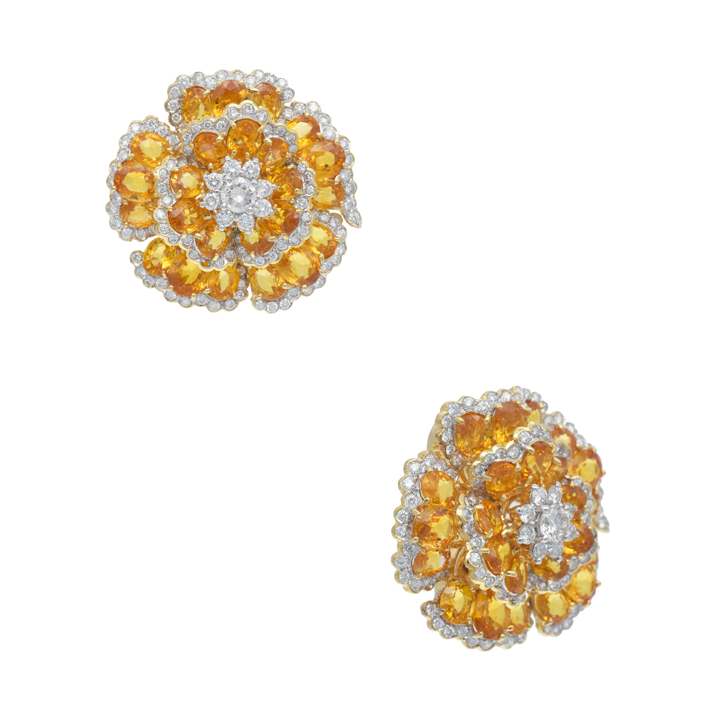 Yellow Sapphire And Diamond Flower Ear Clip Earrings In 18K Gold