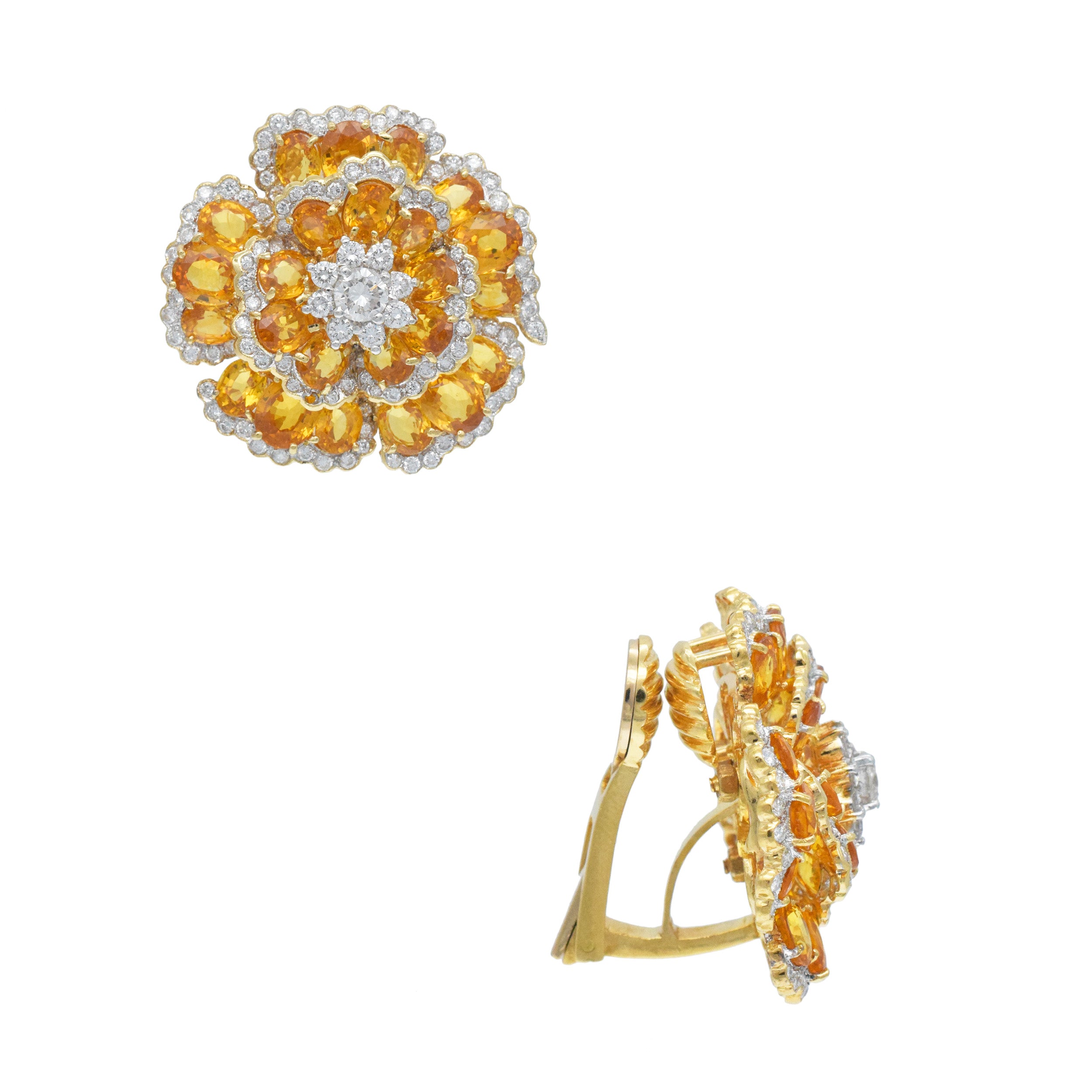 Yellow Sapphire And Diamond Flower Ear Clip Earrings In 18K Gold