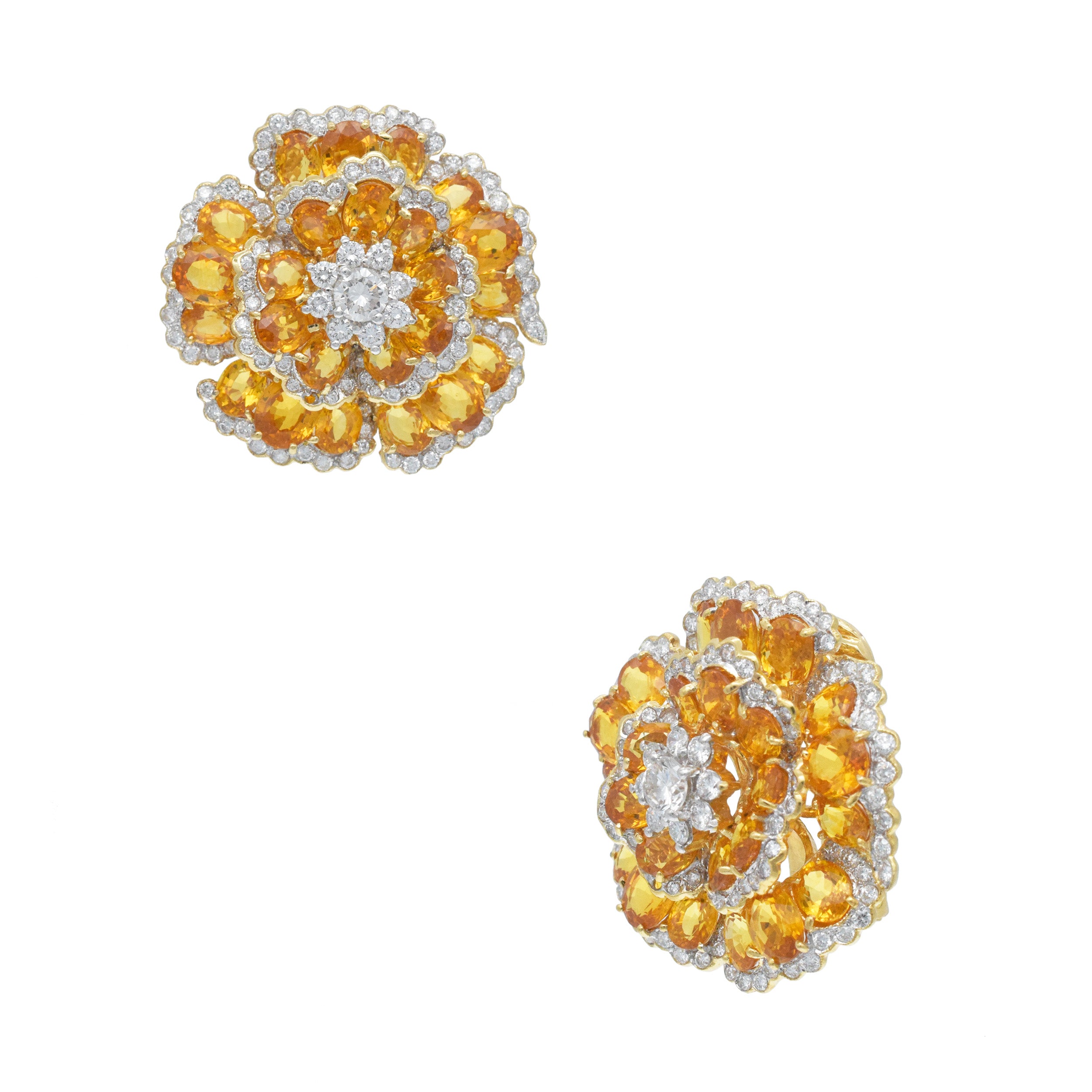 Yellow Sapphire And Diamond Flower Ear Clip Earrings In 18K Gold