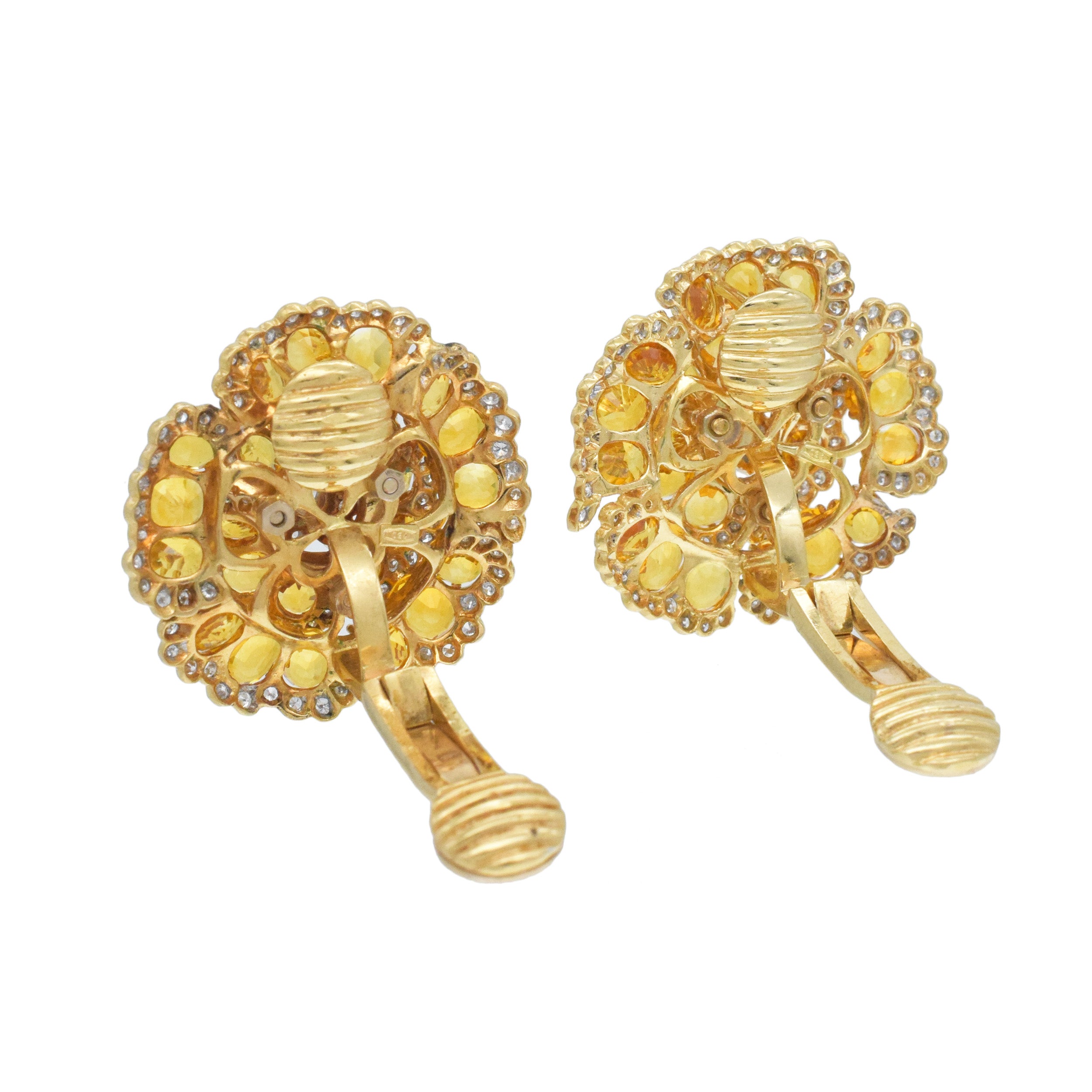 Yellow Sapphire And Diamond Flower Ear Clip Earrings In 18K Gold