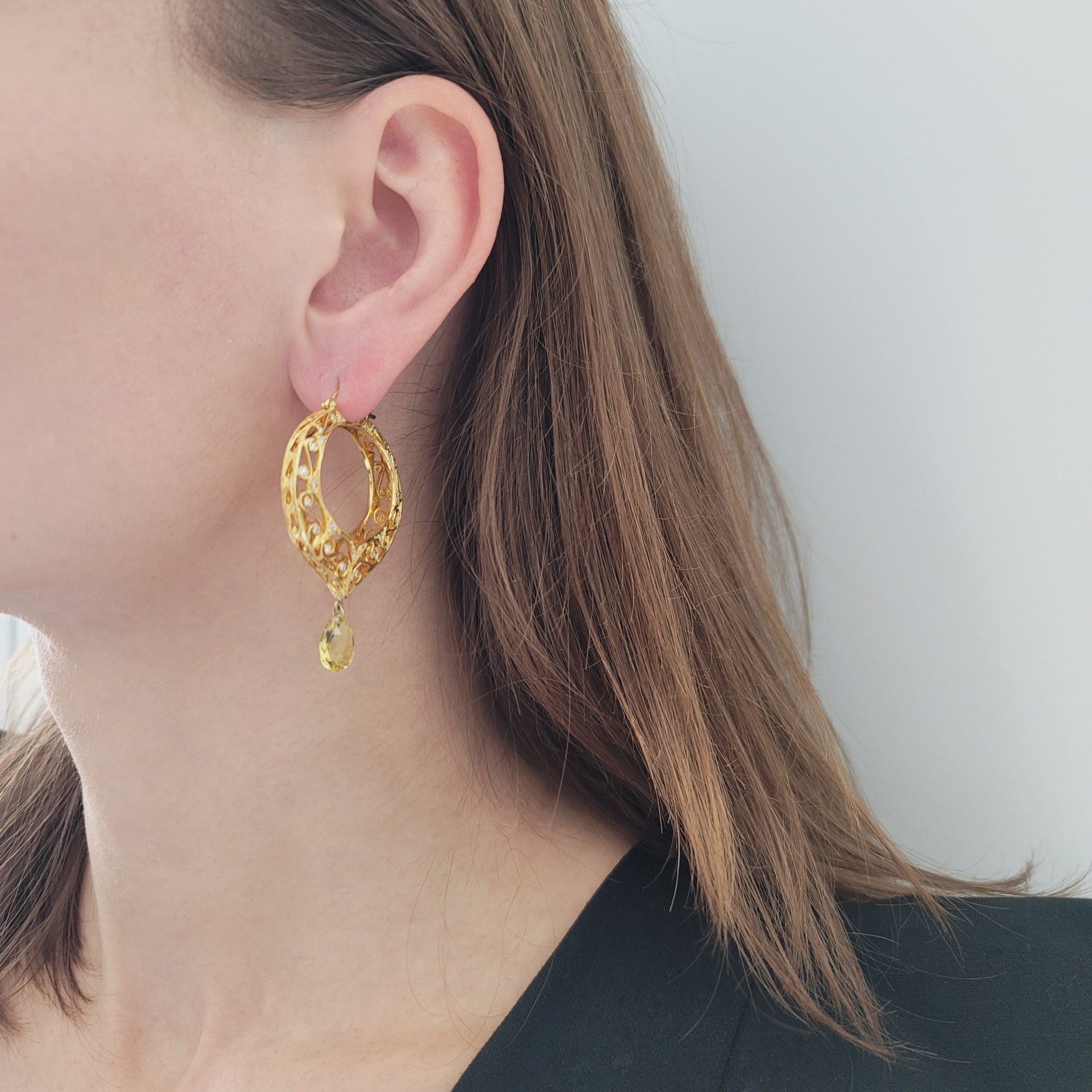 Citrine Drop Hoop Earrings In 14k Yellow Gold