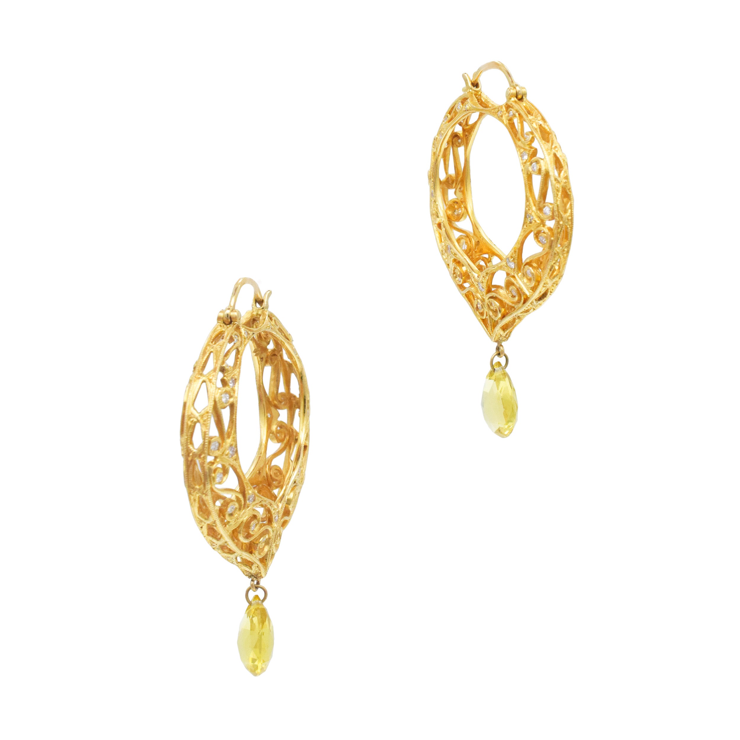 Citrine Drop Hoop Earrings In 14k Yellow Gold