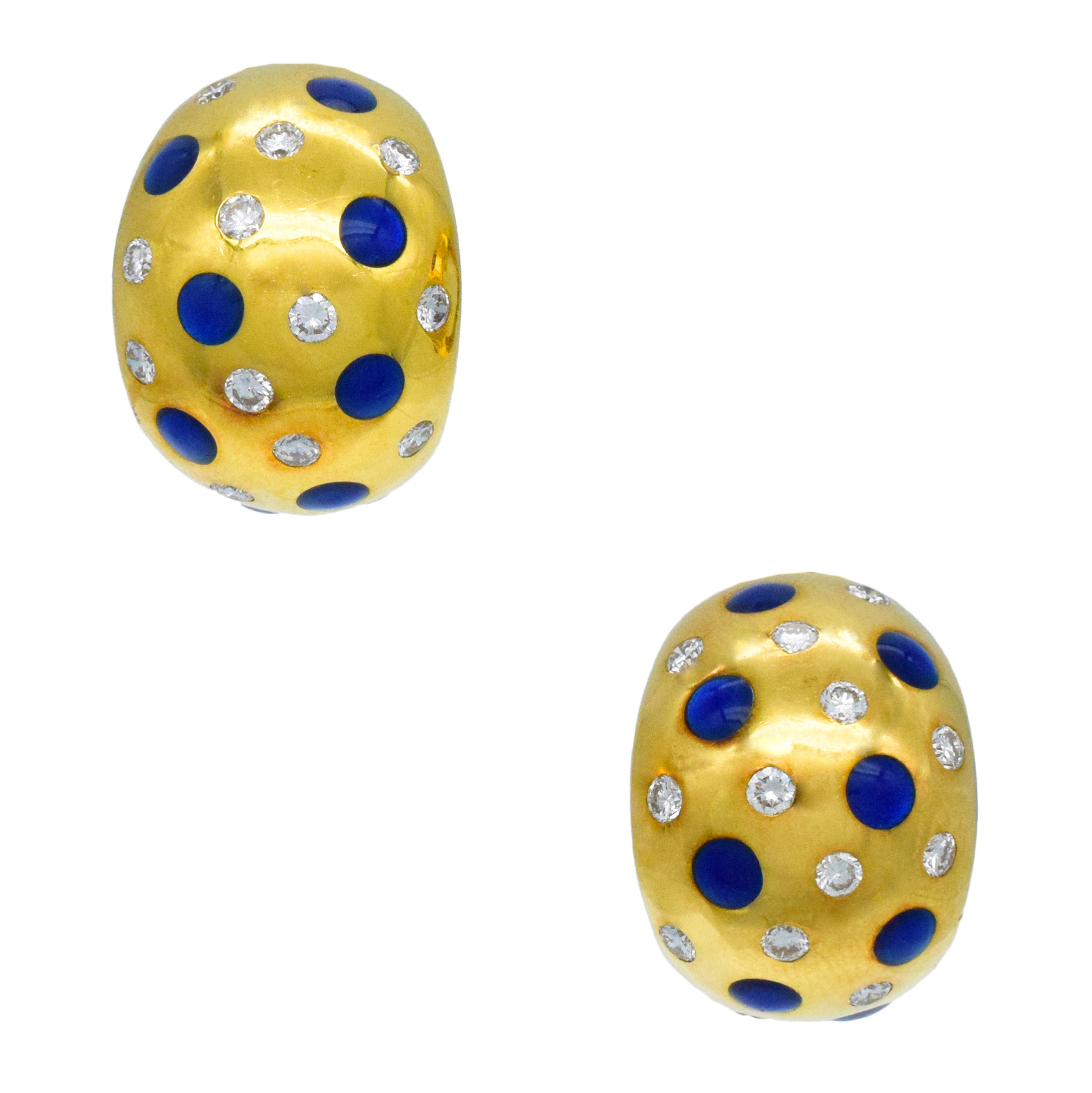 Van Cleef & Arpels Diamond And Enamel Ear Clip Earrings In 18k Yellow Gold