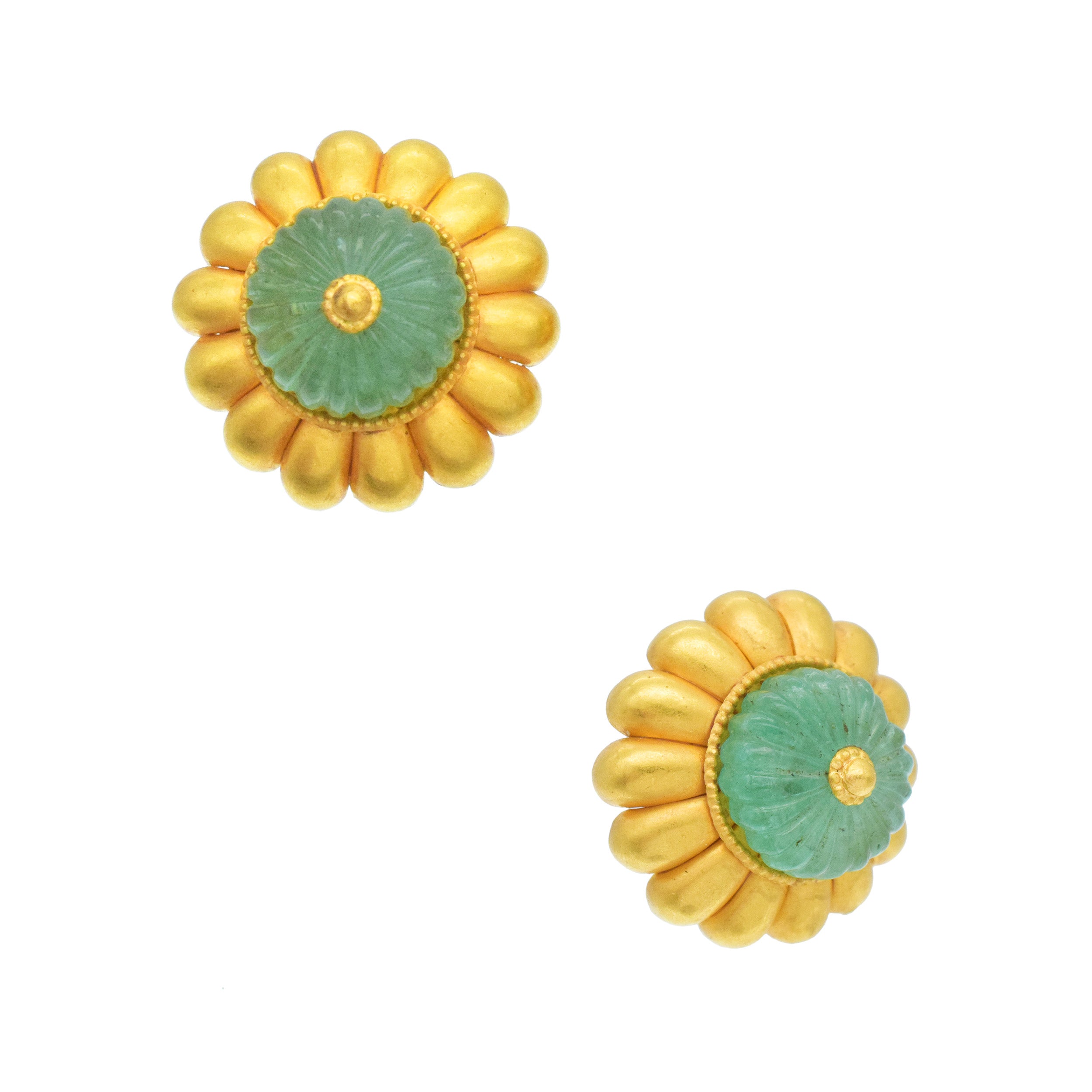18k Yellow Gold And Emerald Flower Earrings For Pierced And Non-Pierced Ears