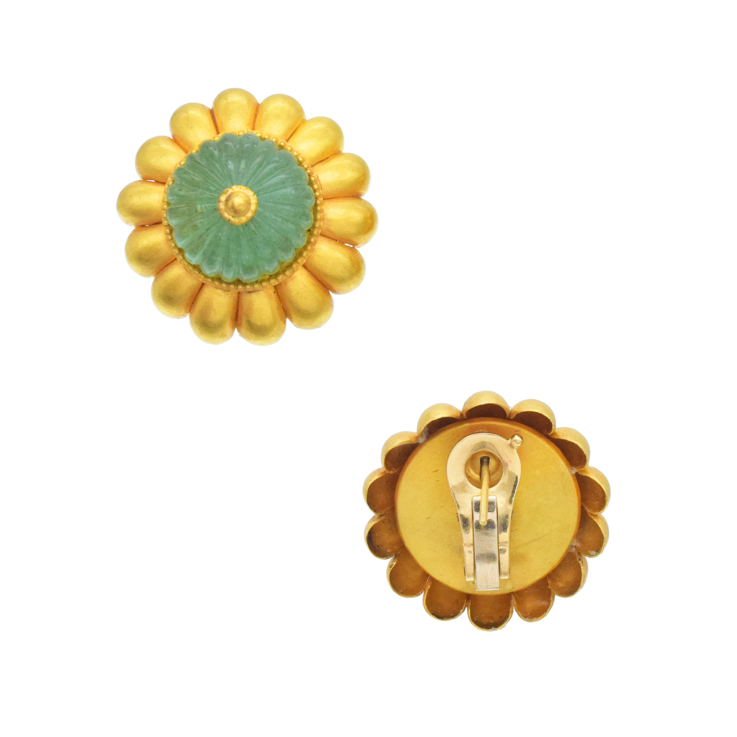 18k Yellow Gold And Emerald Flower Earrings For Pierced And Non-Pierced Ears