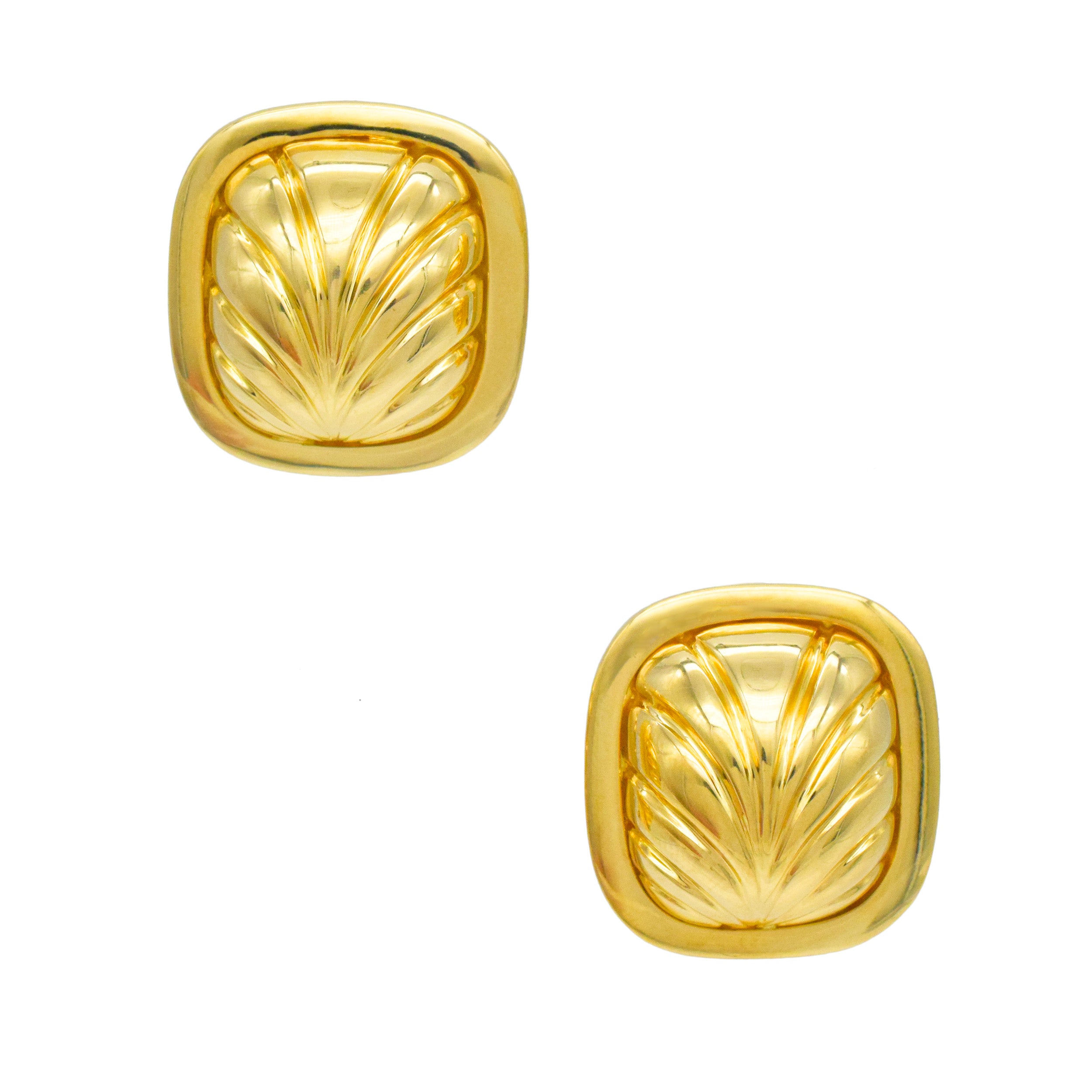 Cushion Shaped Foliage Motif Earrings In 18k Yellow Gold
