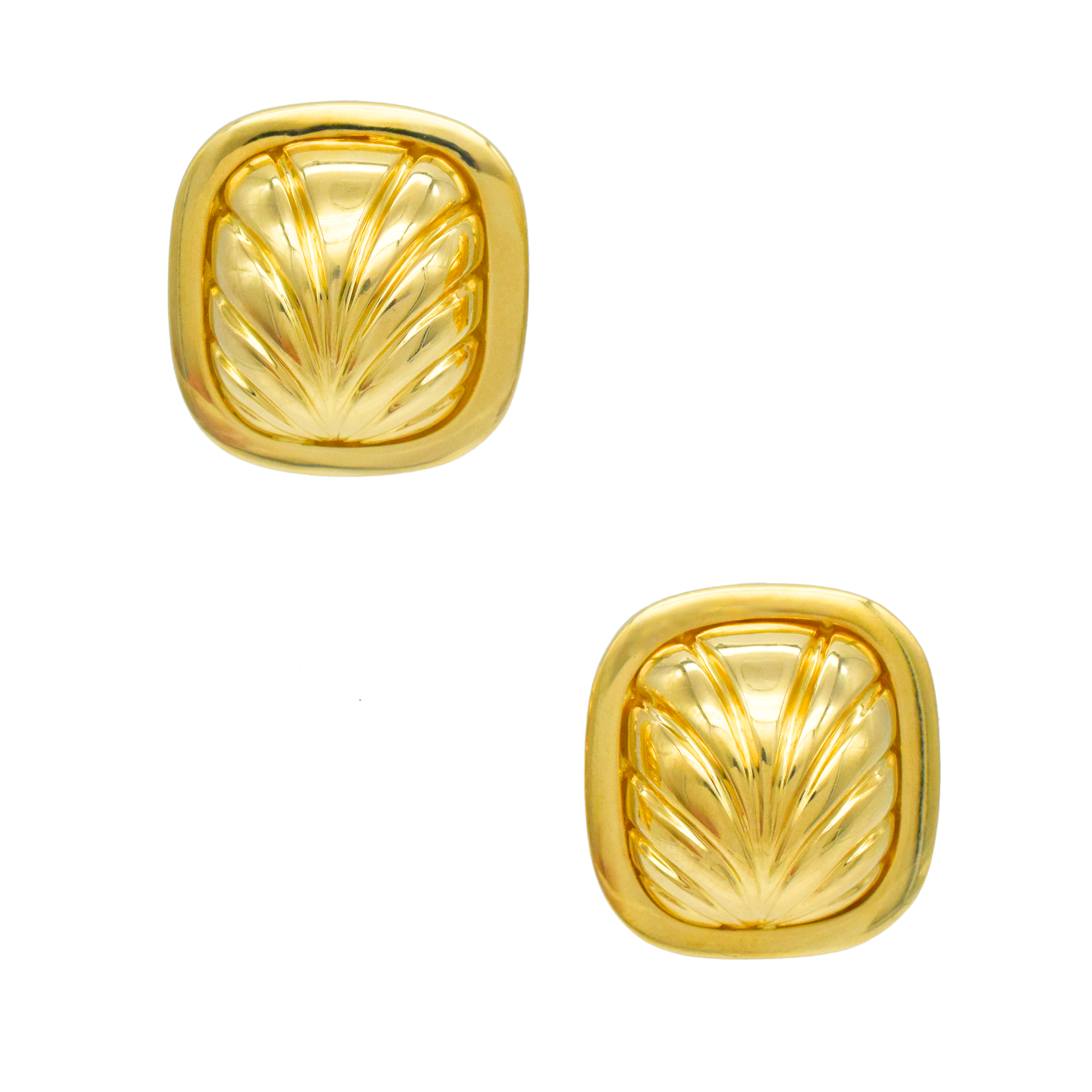 Cushion Shaped Foliage Motif Earrings In 18k Yellow Gold
