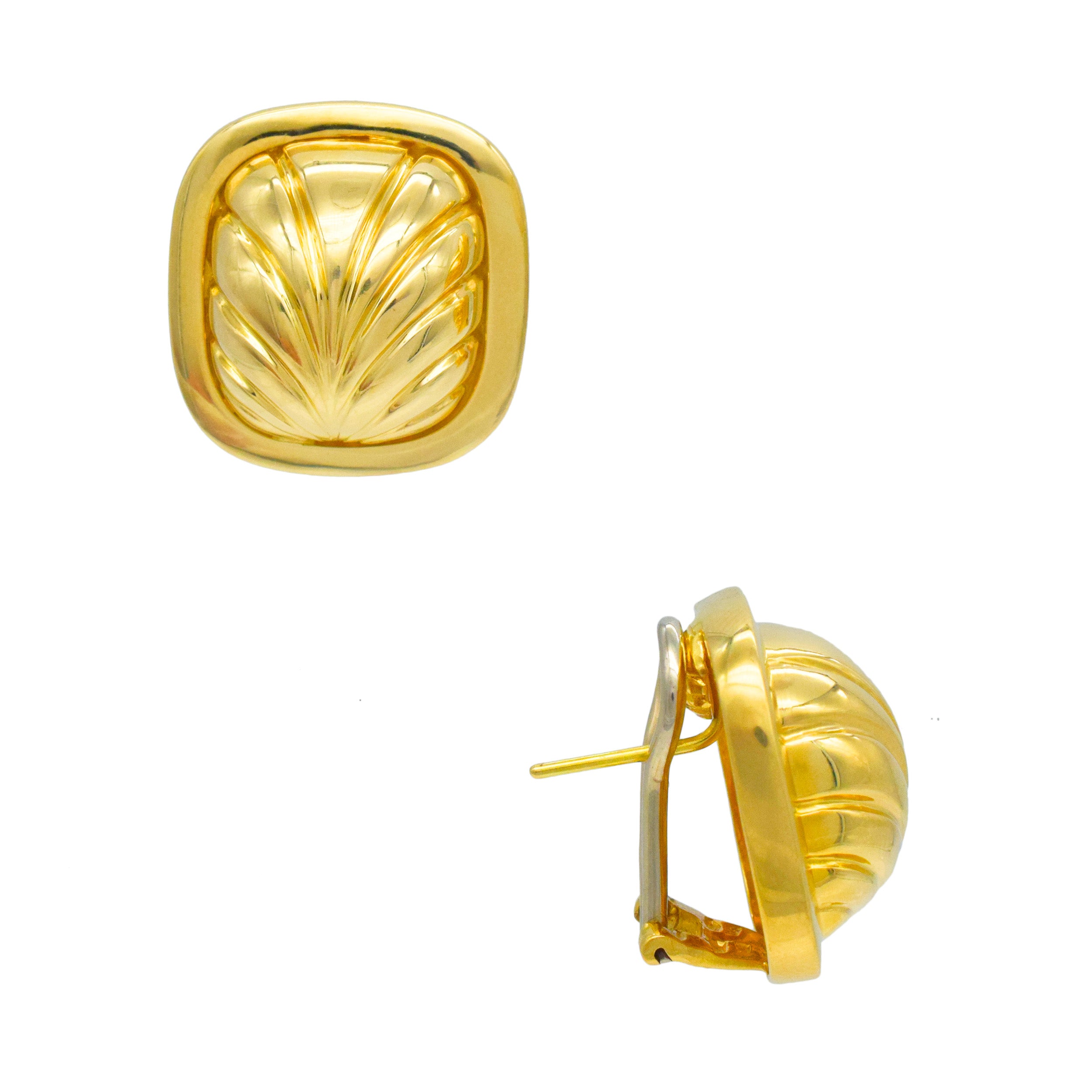 Cushion Shaped Foliage Motif Earrings In 18k Yellow Gold