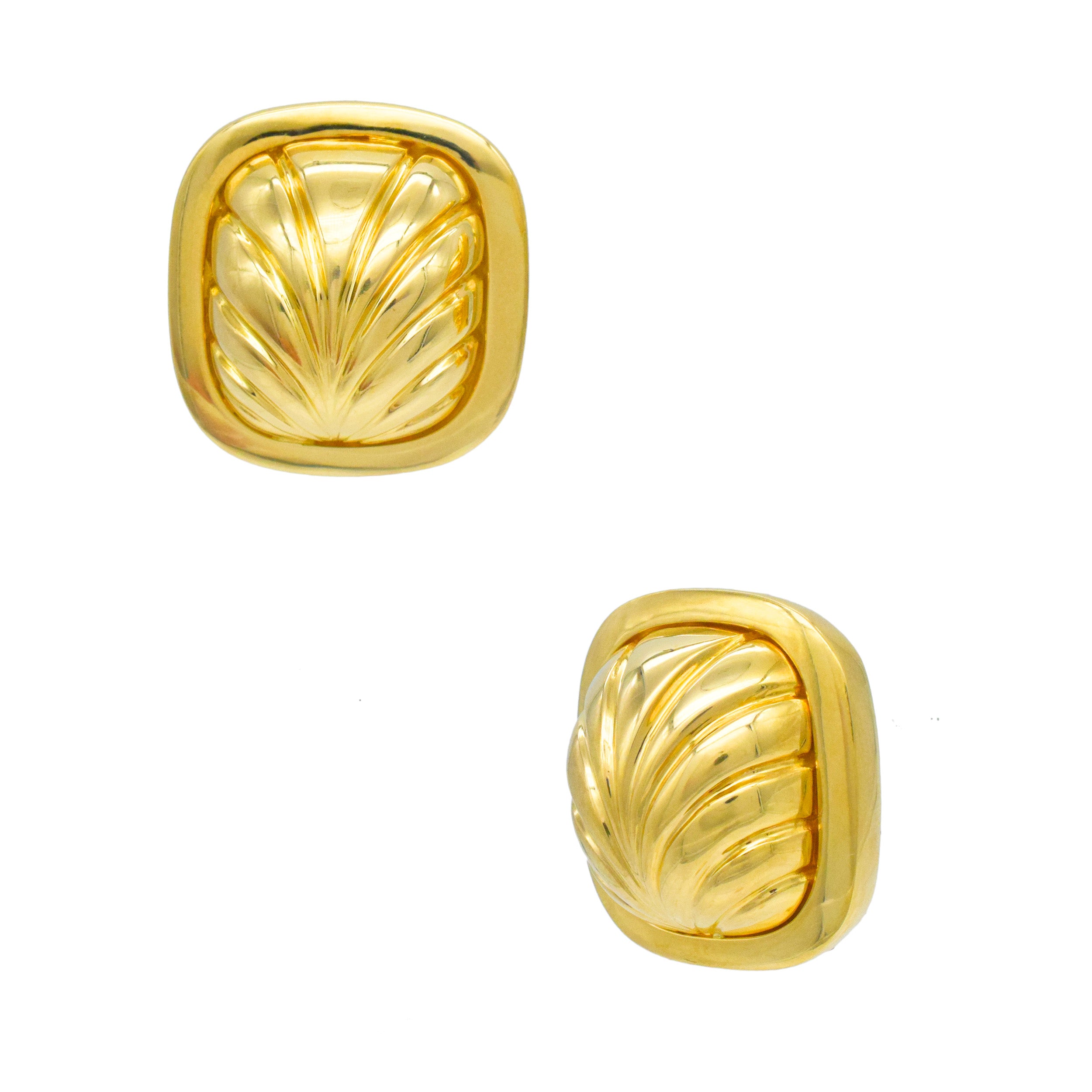 Cushion Shaped Foliage Motif Earrings In 18k Yellow Gold