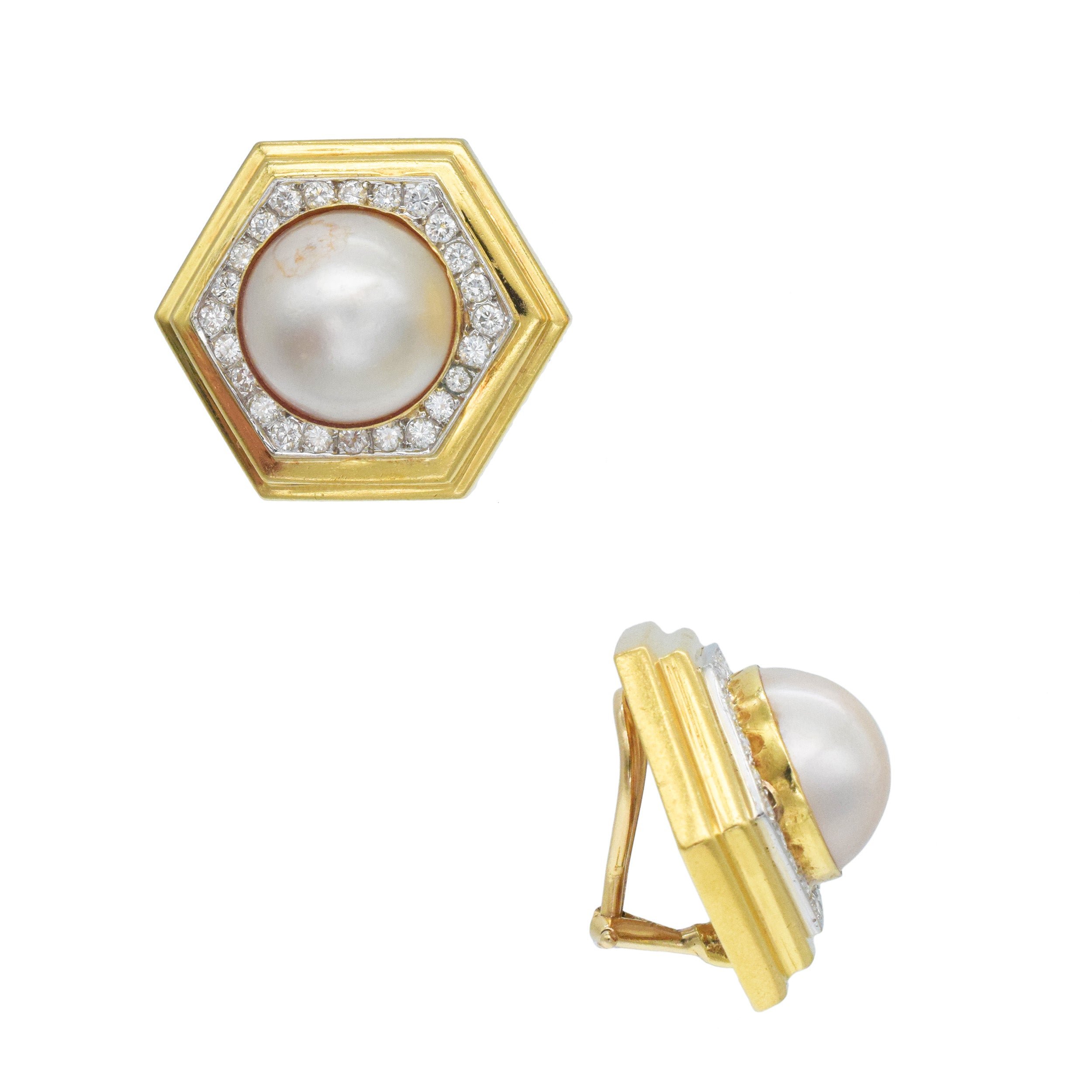 Emis Mabe Pearl And Diamond Hexagon Ear Clip Earrings In 18k Yellow Gold