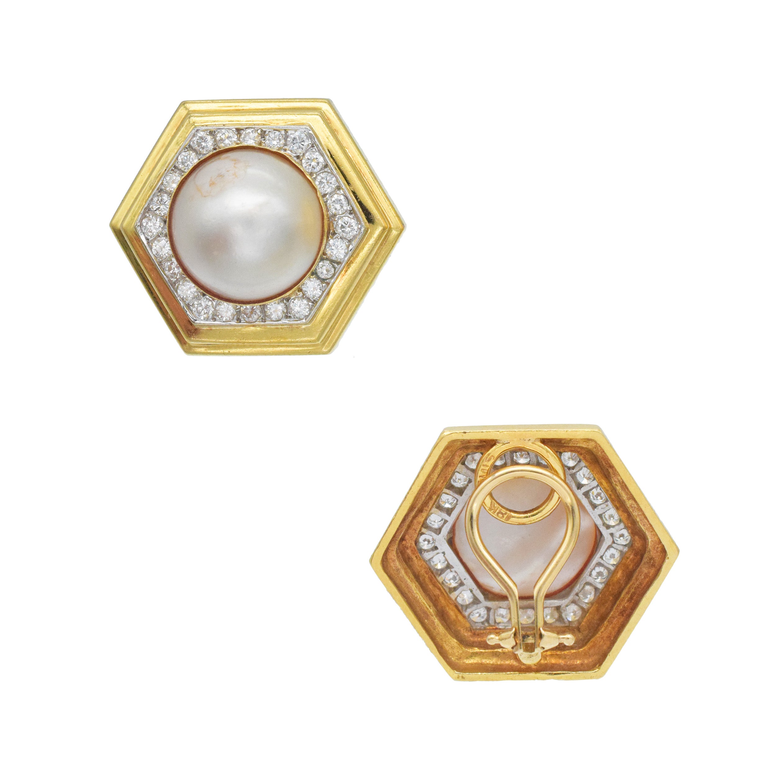 Emis Mabe Pearl And Diamond Hexagon Ear Clip Earrings In 18k Yellow Gold