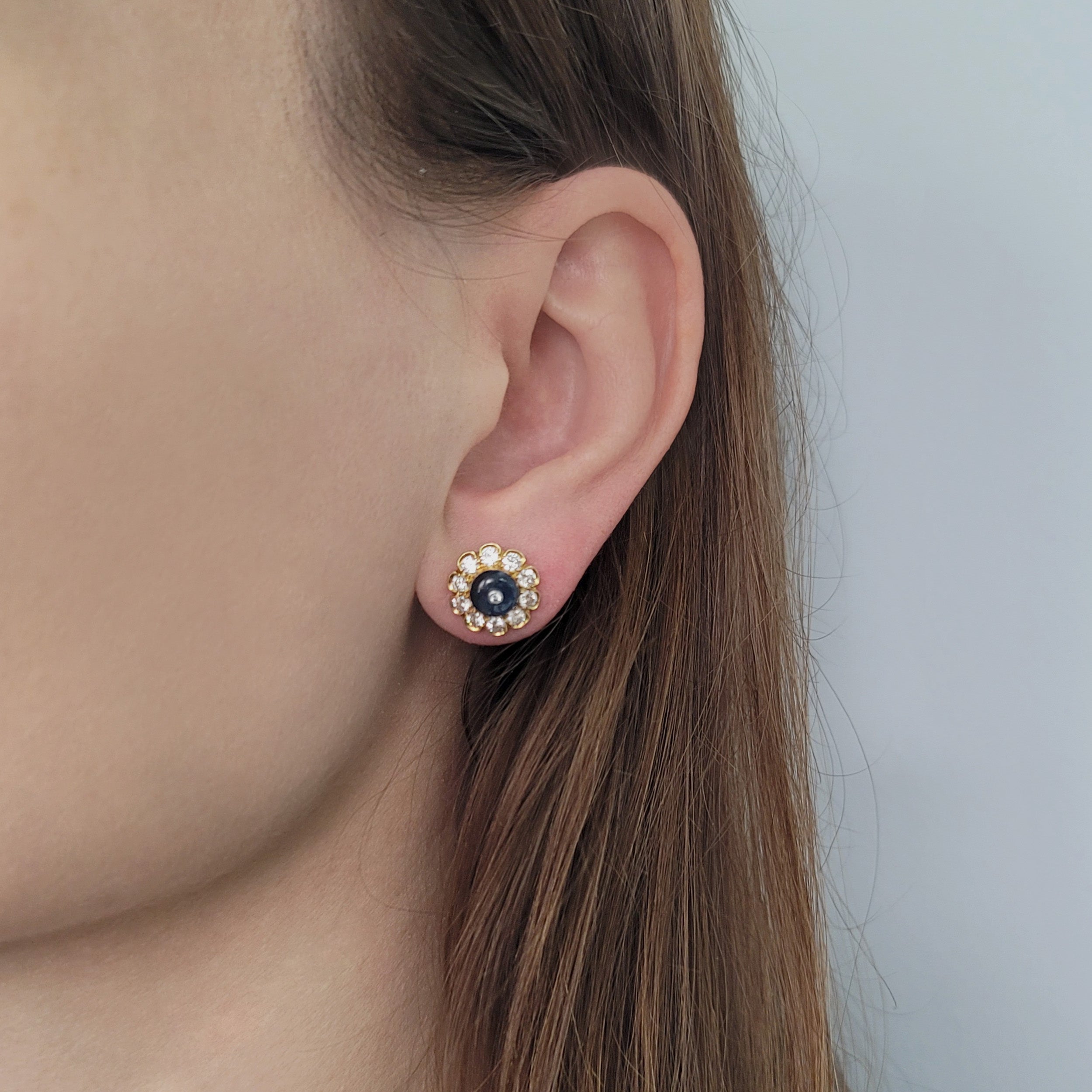 Diamond And Sapphire Bead Stud Earrings In 18k Yellow Gold