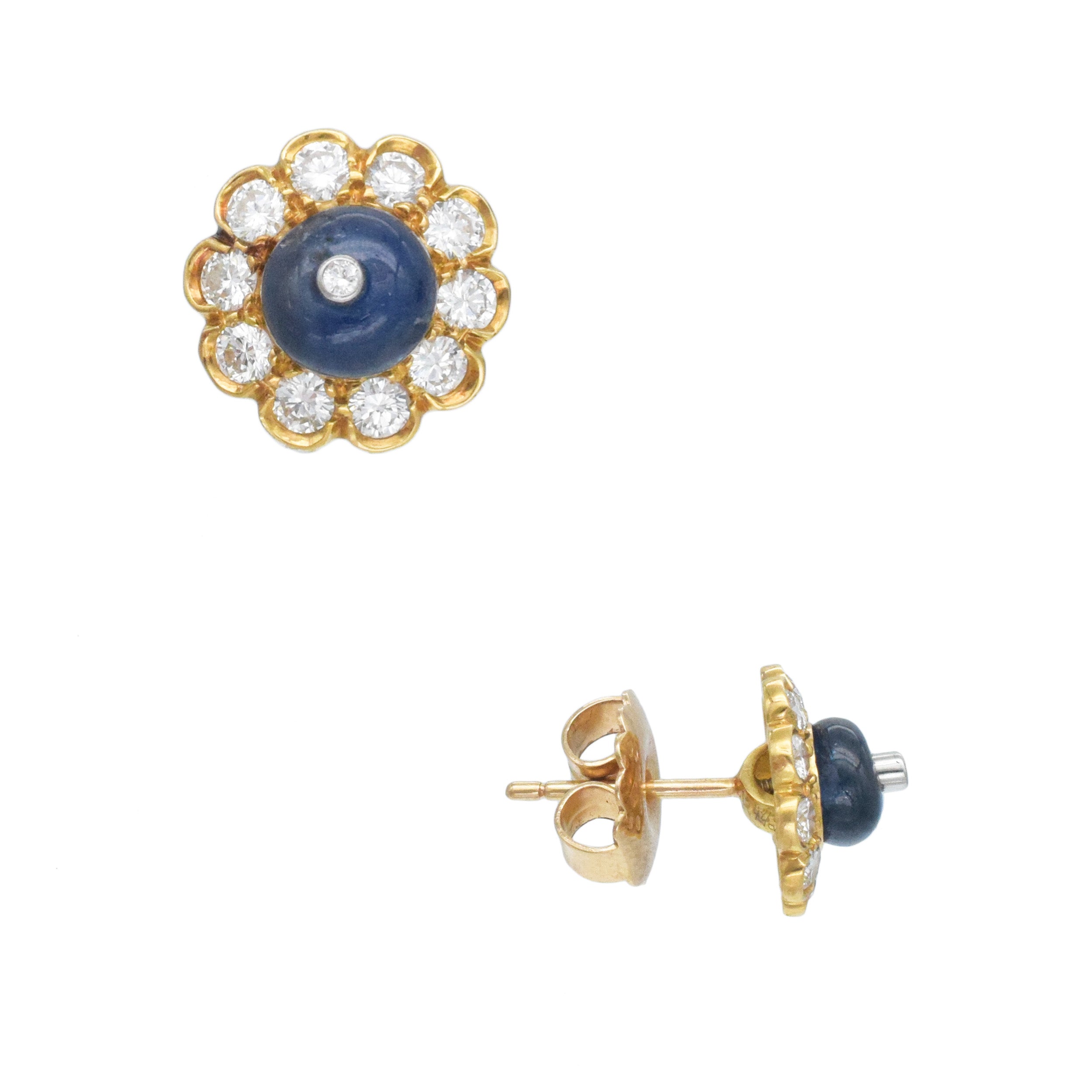 Diamond And Sapphire Bead Stud Earrings In 18k Yellow Gold