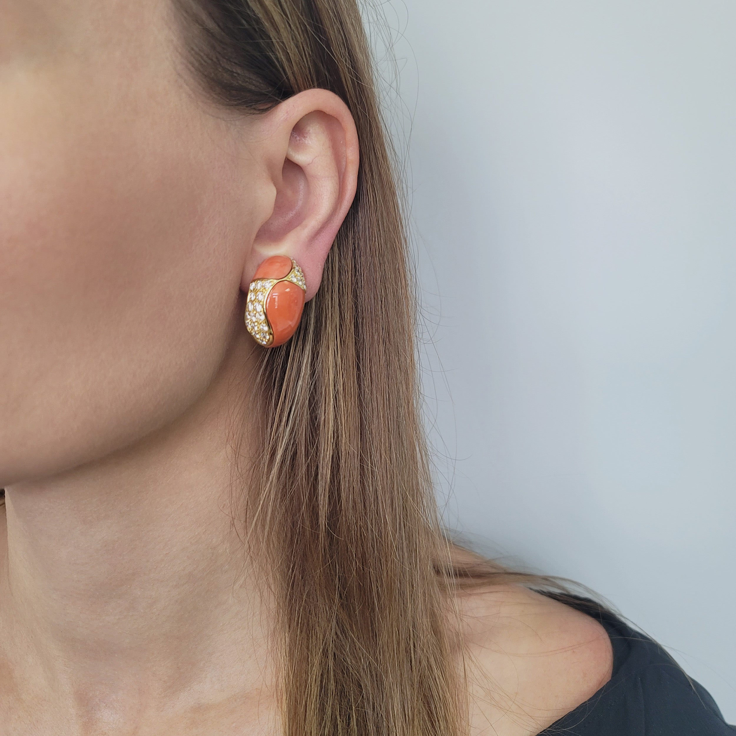 Van Cleef & Arpels Coral And Diamond Boutonnière Clip On Earrings In 18k Yellow Gold