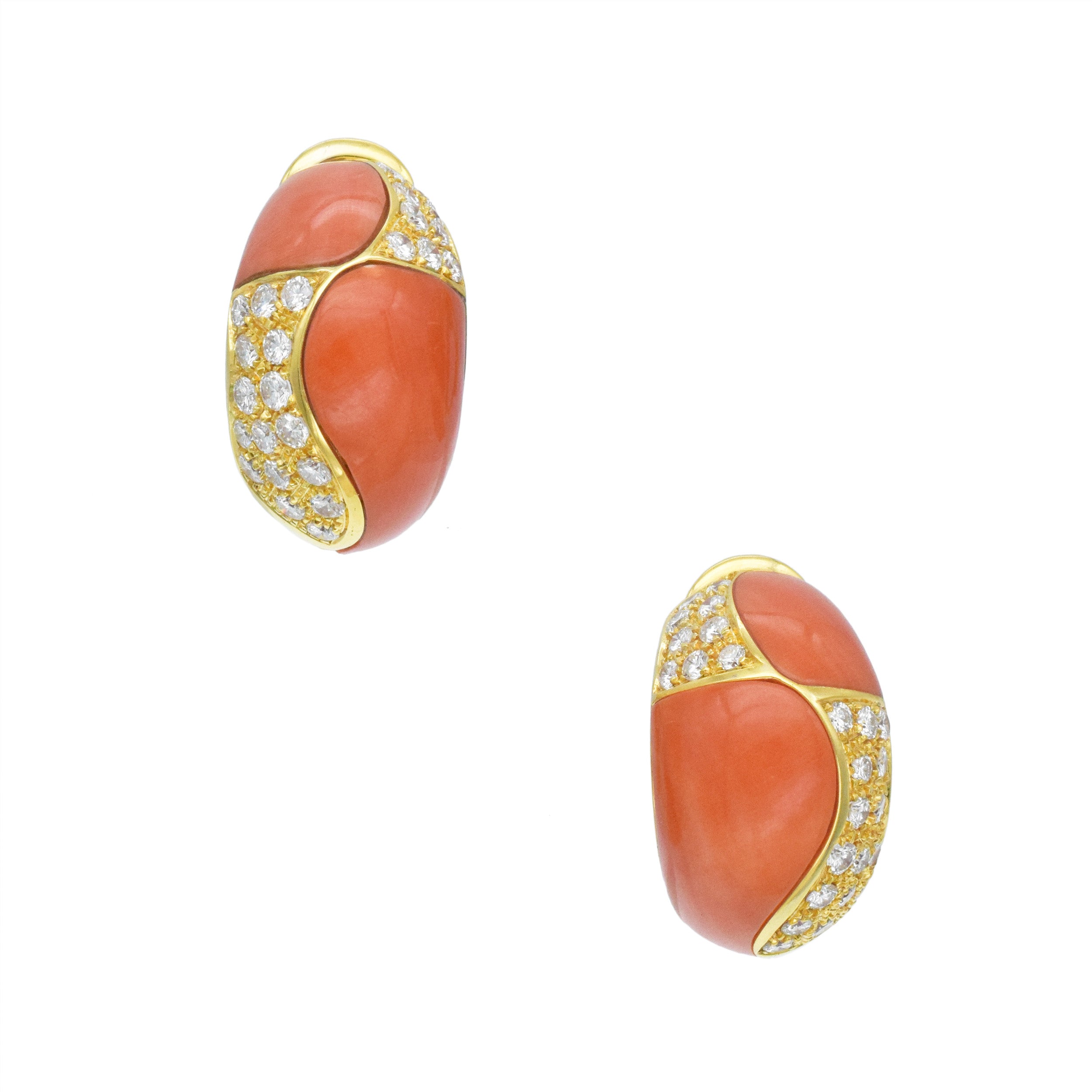 Van Cleef & Arpels Coral And Diamond Boutonnière Clip On Earrings In 18k Yellow Gold