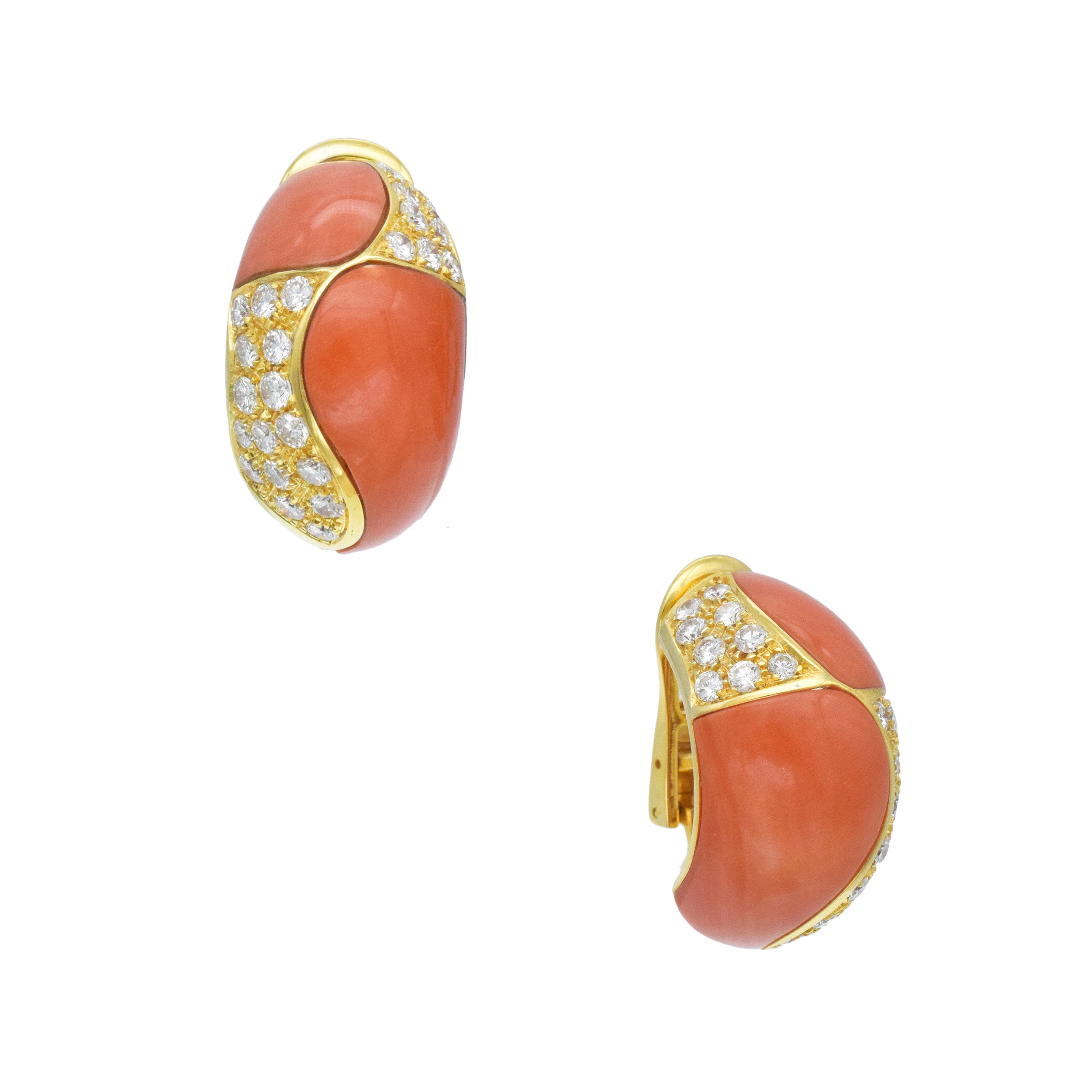 Van Cleef & Arpels Coral And Diamond Boutonnière Clip On Earrings In 18k Yellow Gold