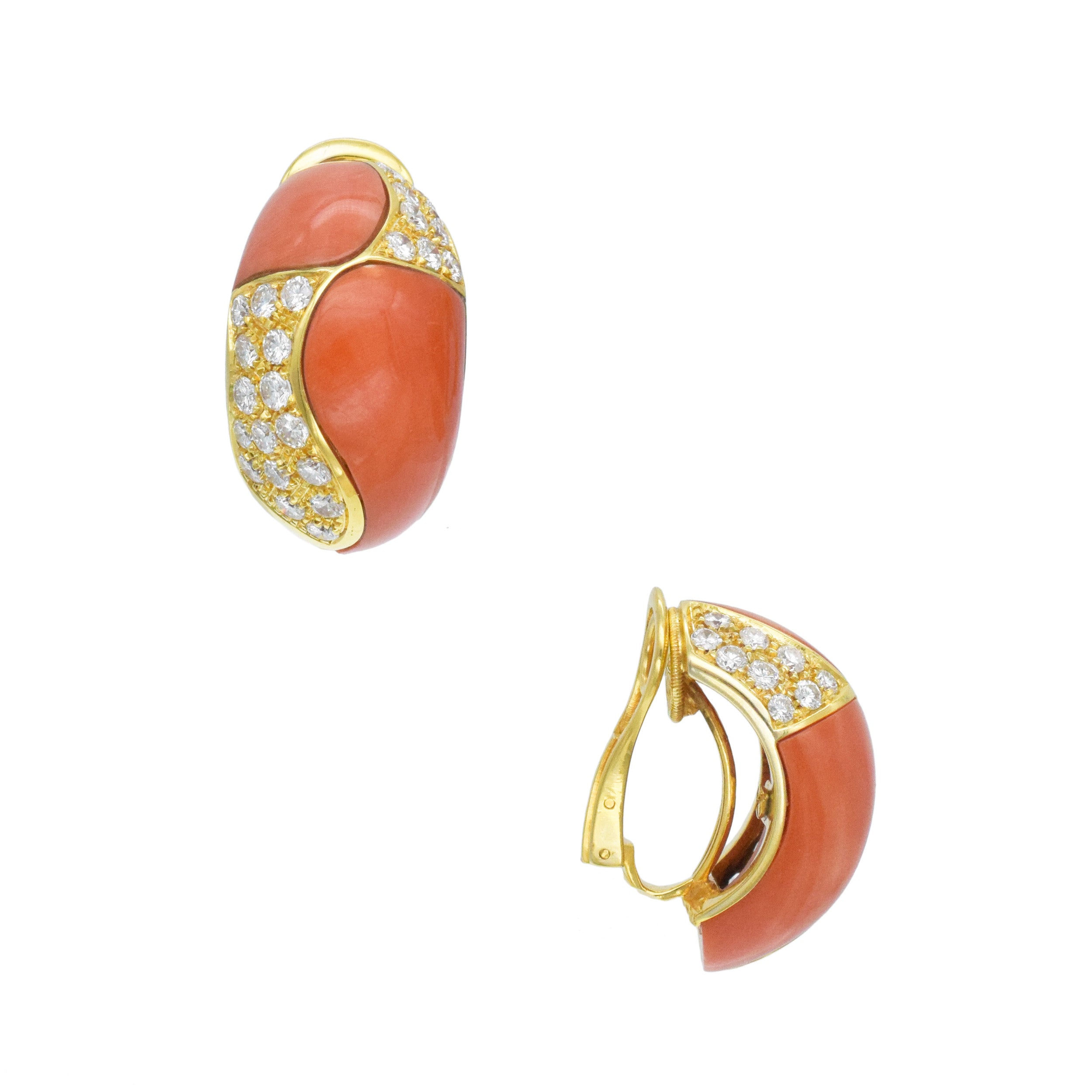 Van Cleef & Arpels Coral And Diamond Boutonnière Clip On Earrings In 18k Yellow Gold