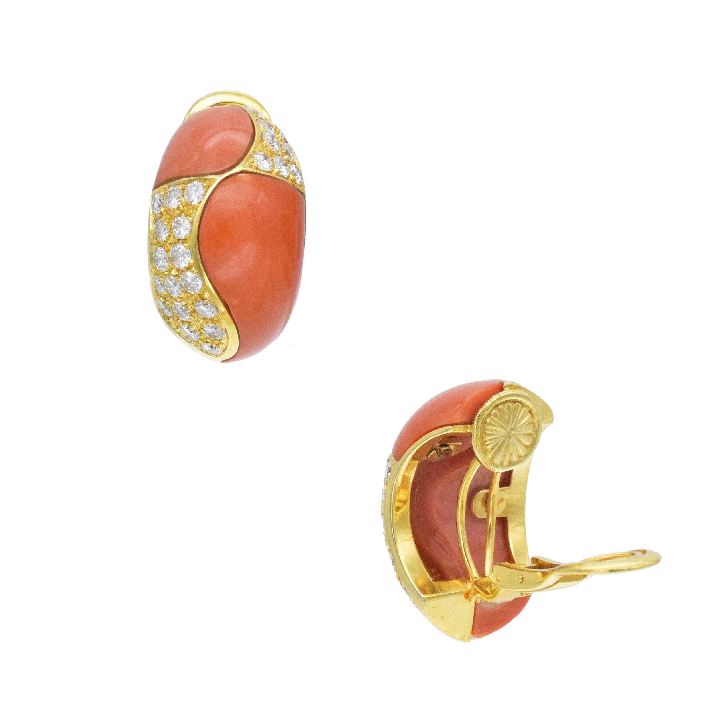 Van Cleef & Arpels Coral And Diamond Boutonnière Clip On Earrings In 18k Yellow Gold