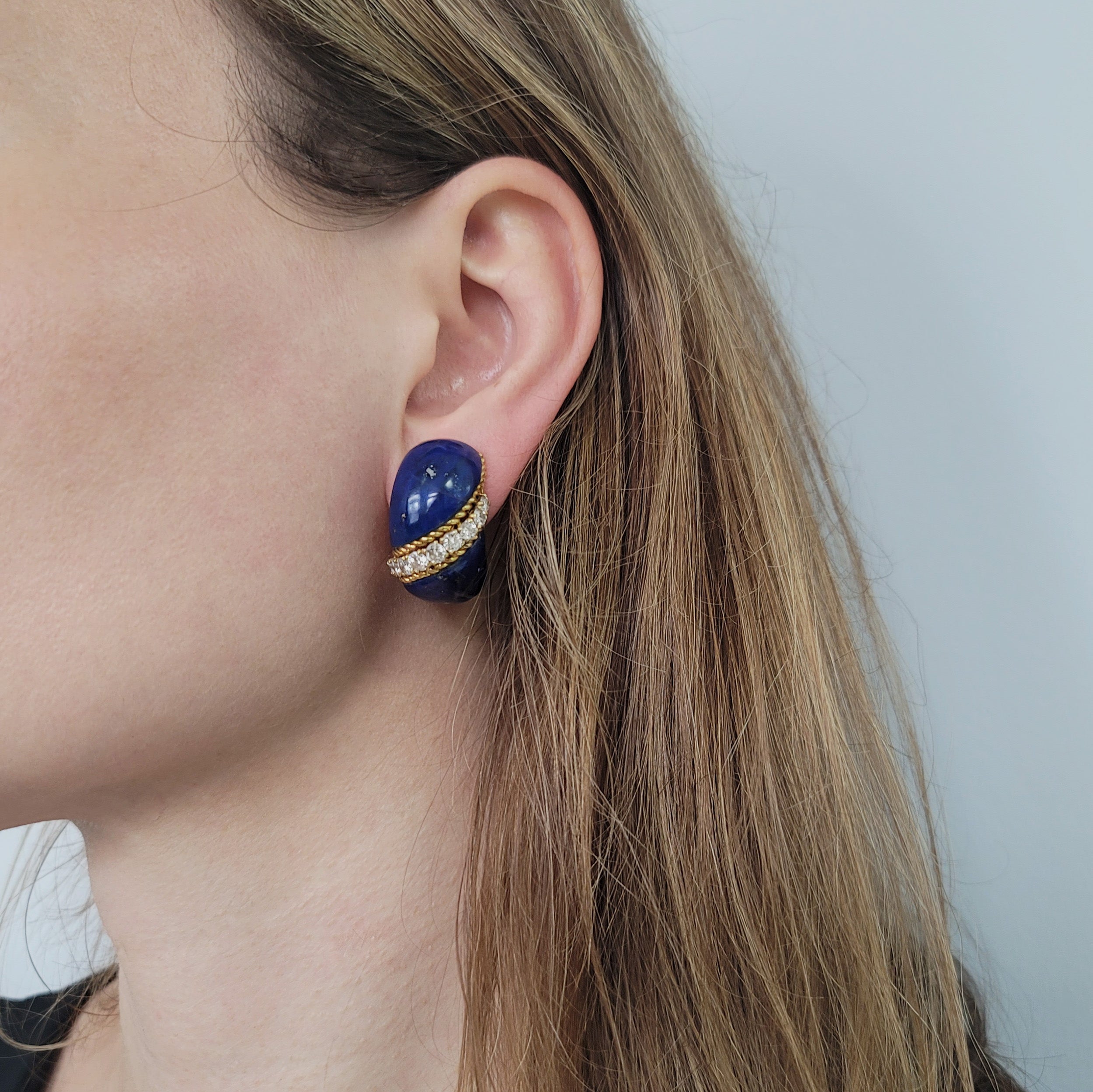 Van Cleef & Arpels Lapis And Diamond Bombe Clip On Earrings In 18k Yellow Gold