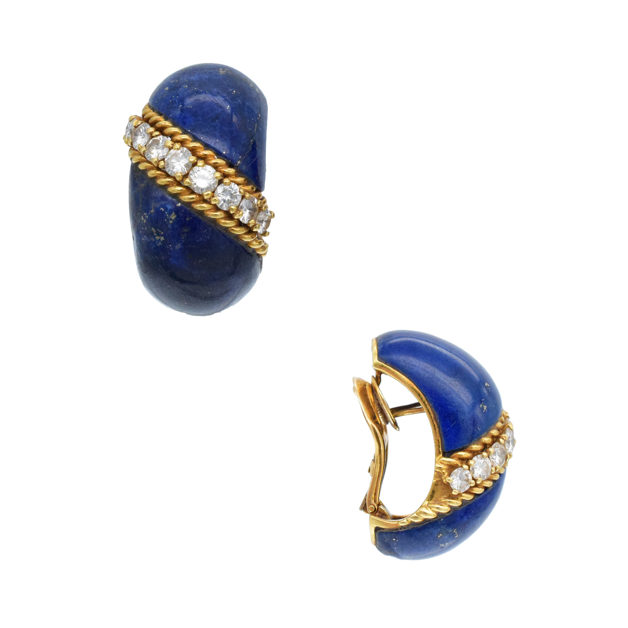 Van Cleef & Arpels Lapis And Diamond Bombe Clip On Earrings In 18k Yellow Gold