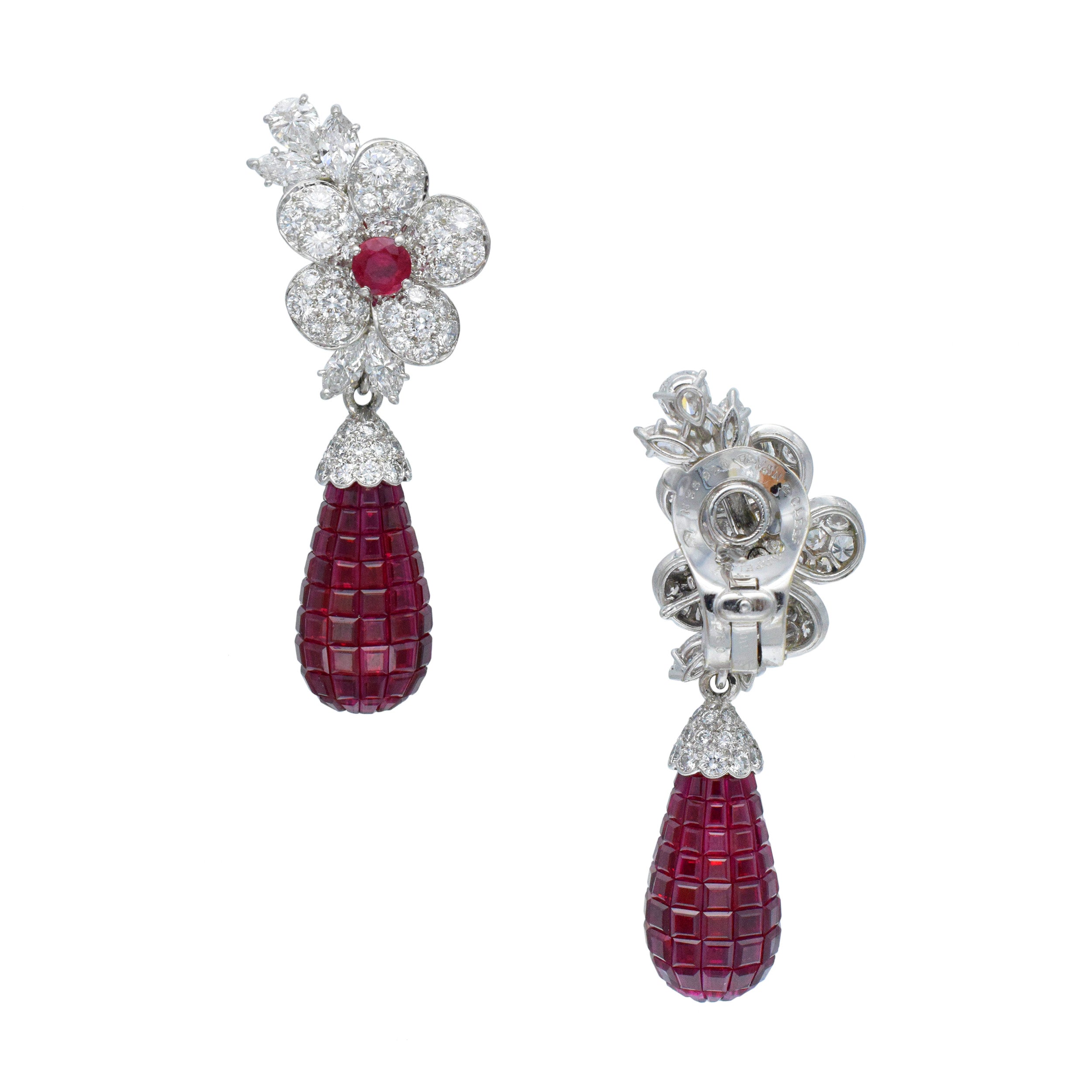 Van Cleef & Arpels Diamond And Invisibly Set Ruby 'Fleurettes' Convertible Day And Night Earrings