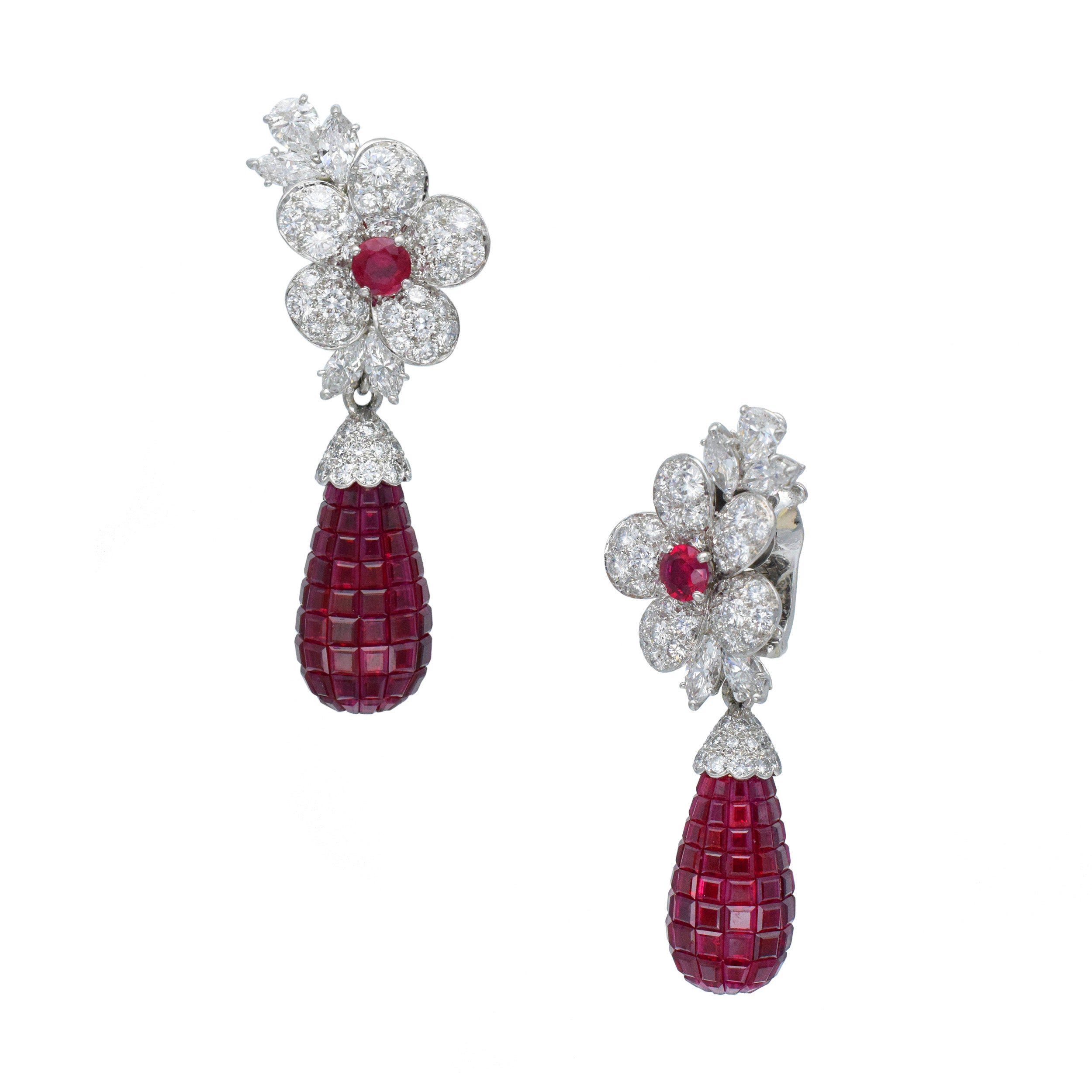 Van Cleef & Arpels Diamond And Invisibly Set Ruby 'Fleurettes' Convertible Day And Night Earrings