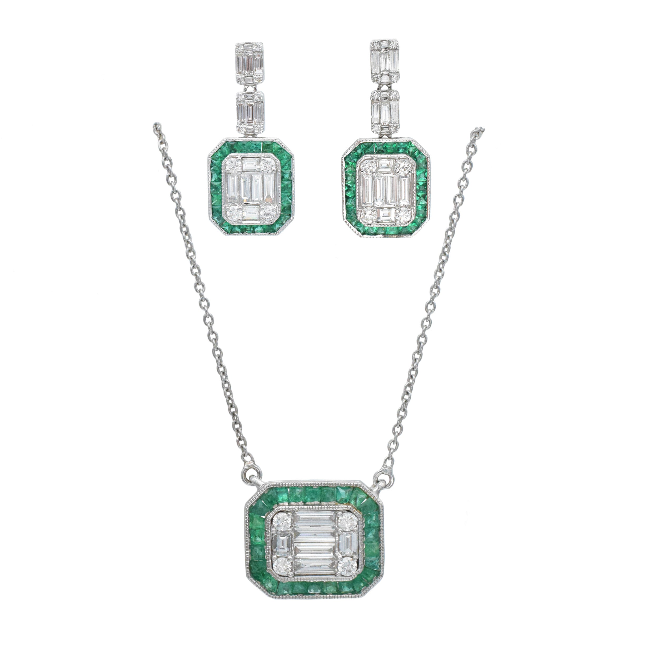 Diamond And Emerald Earrings And Necklace Suite In 18k White Gold