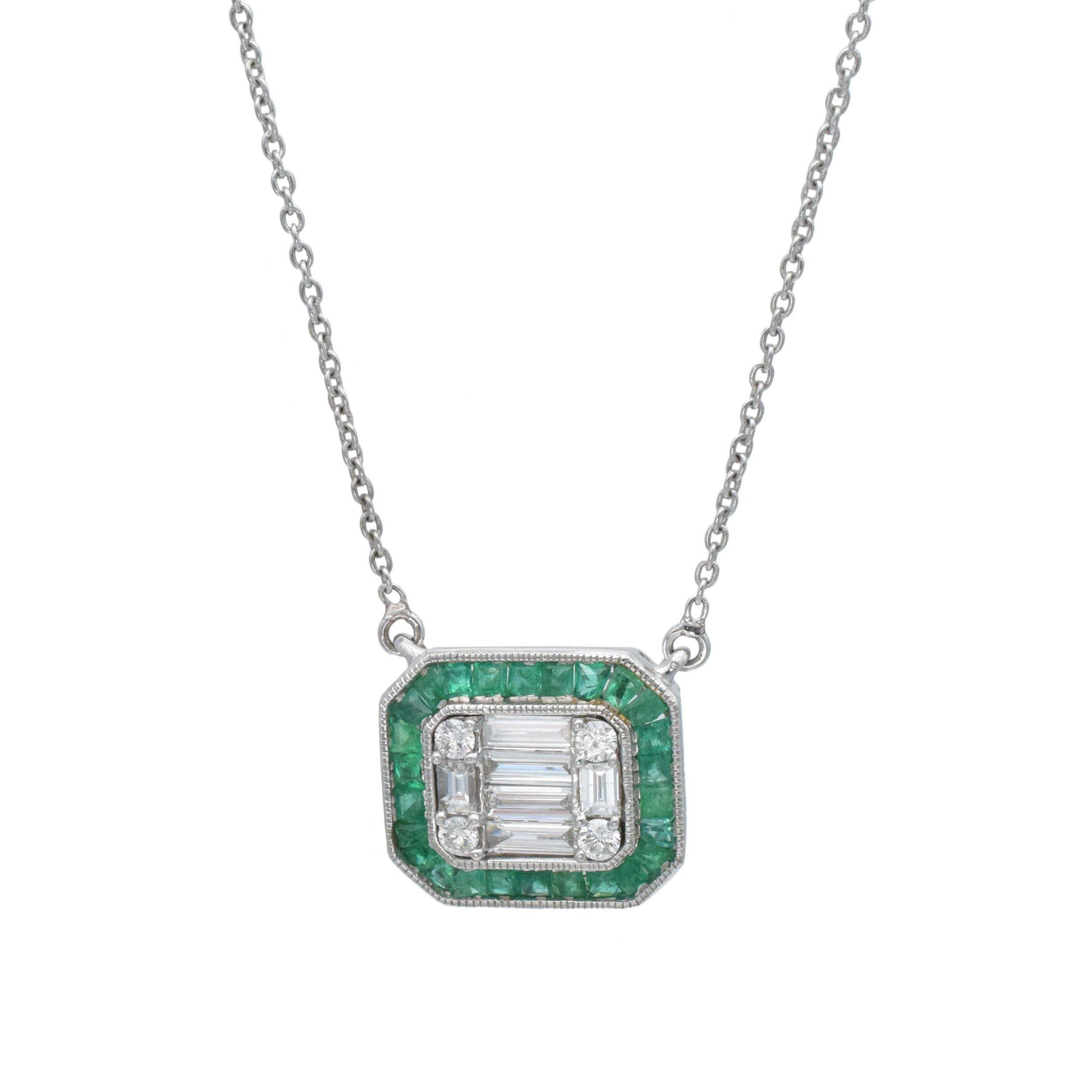 Diamond And Emerald Earrings And Necklace Suite In 18k White Gold