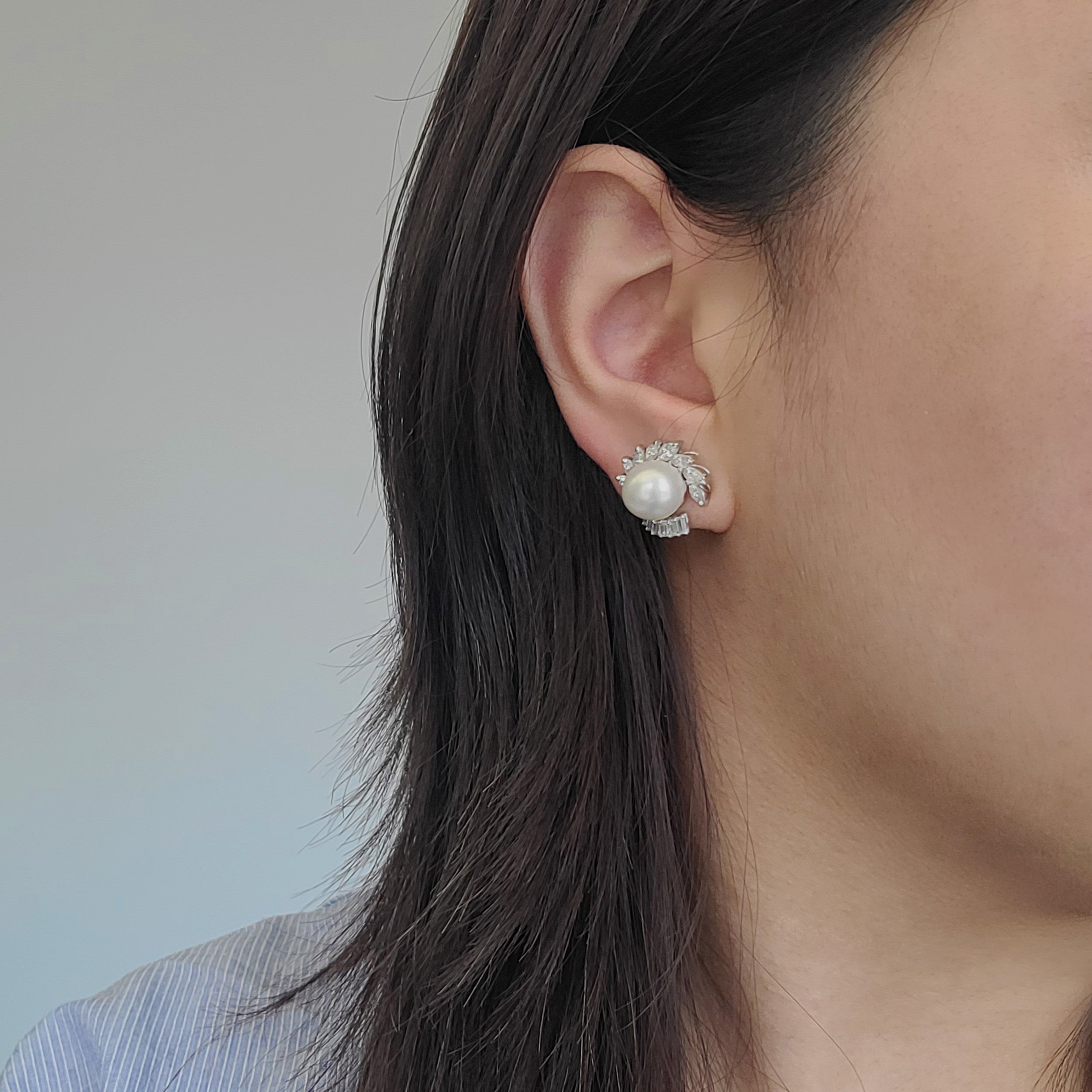 Boucheron Pearl And Diamond Clip On Stud Earrings In 18k White Gold And Platinum