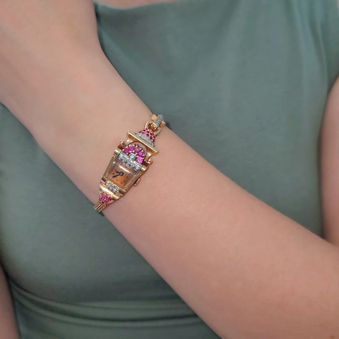 Vintage/Retro Ruby And Diamond Wrist Watch In 14k Rose Gold
