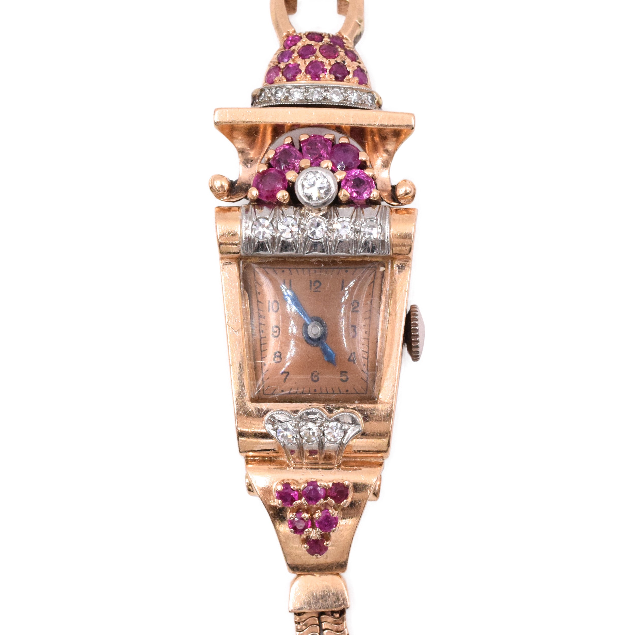 Vintage/Retro Ruby And Diamond Wrist Watch In 14k Rose Gold