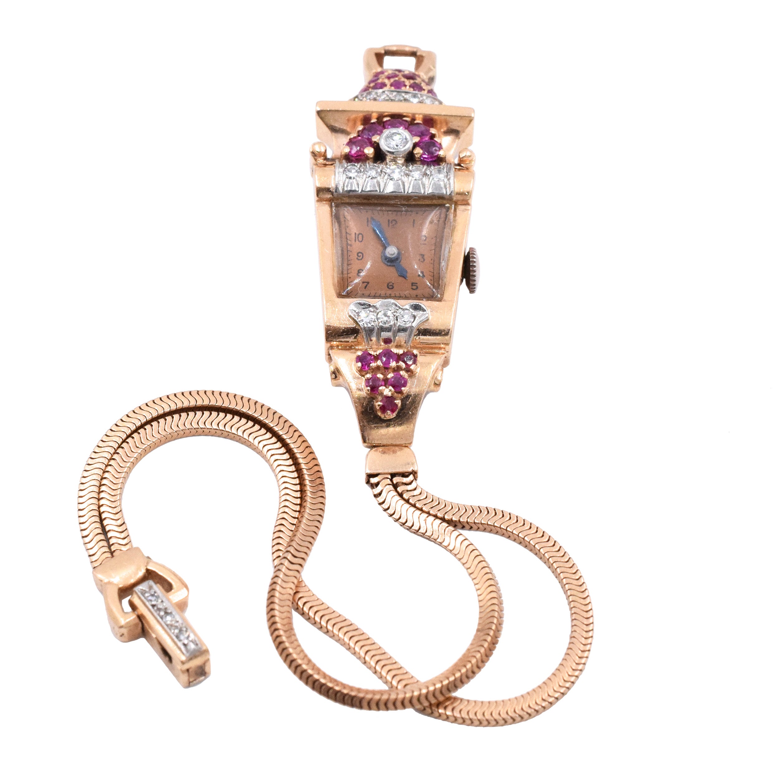 Vintage/Retro Ruby And Diamond Wrist Watch In 14k Rose Gold