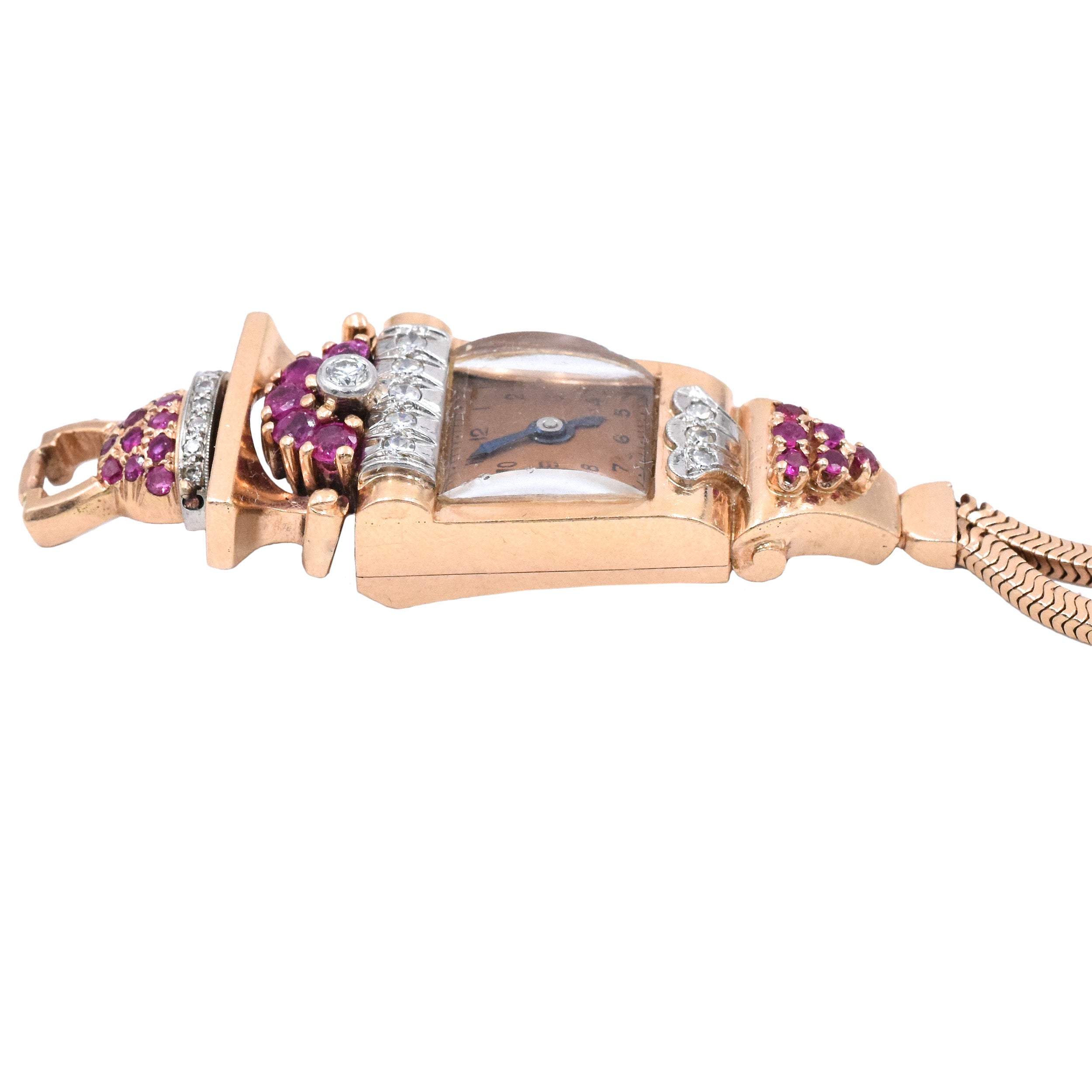 Vintage/Retro Ruby And Diamond Wrist Watch In 14k Rose Gold
