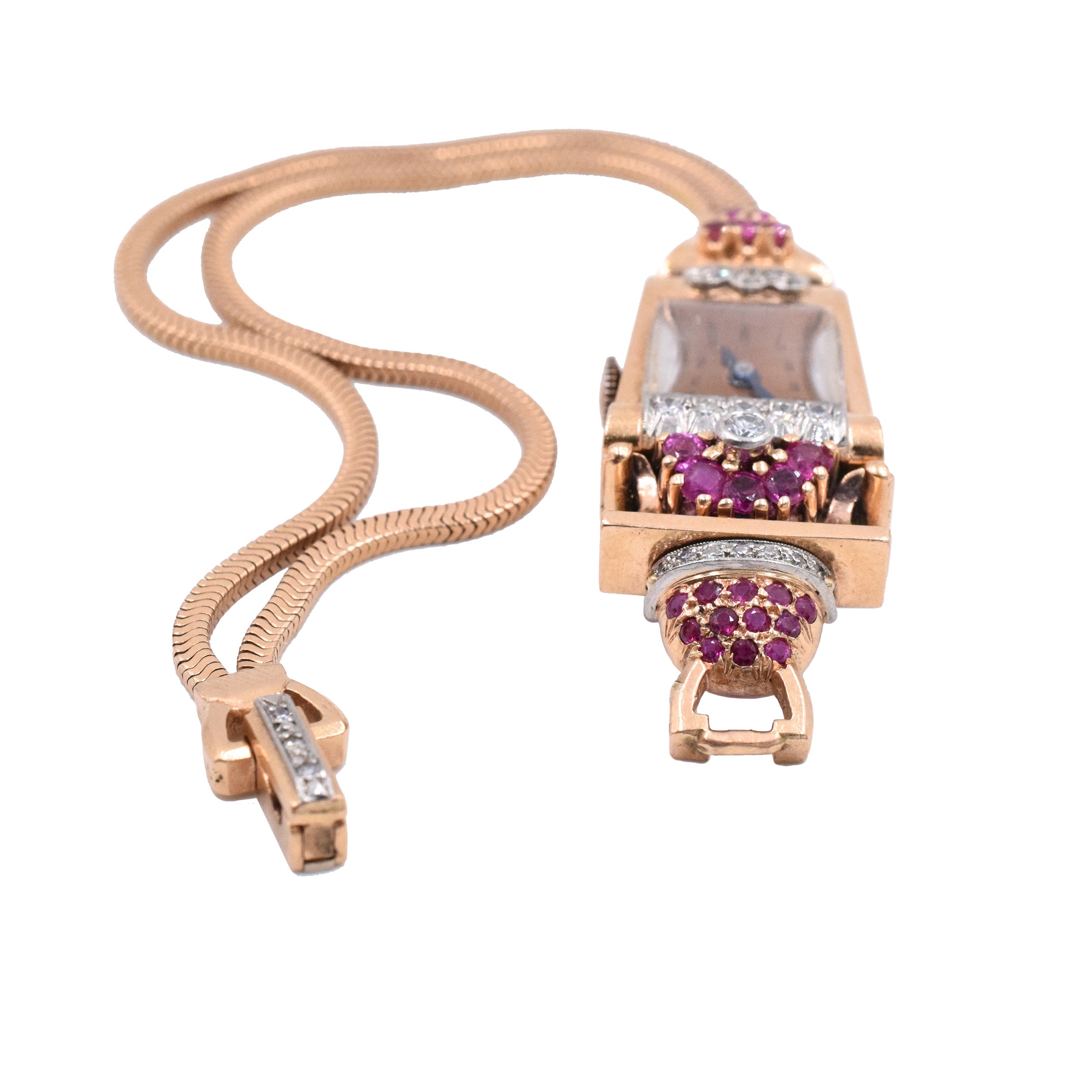 Vintage/Retro Ruby And Diamond Wrist Watch In 14k Rose Gold