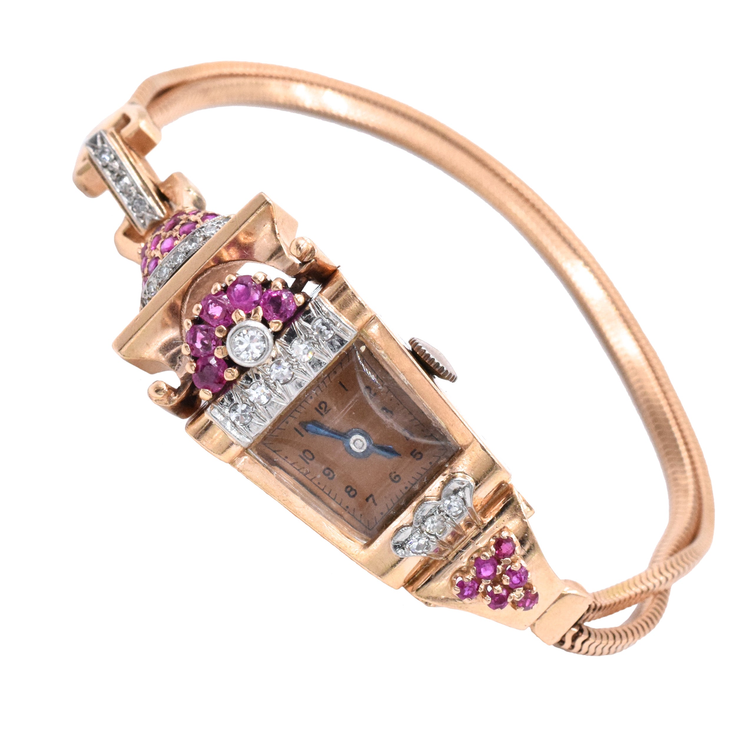 Vintage/Retro Ruby And Diamond Wrist Watch In 14k Rose Gold