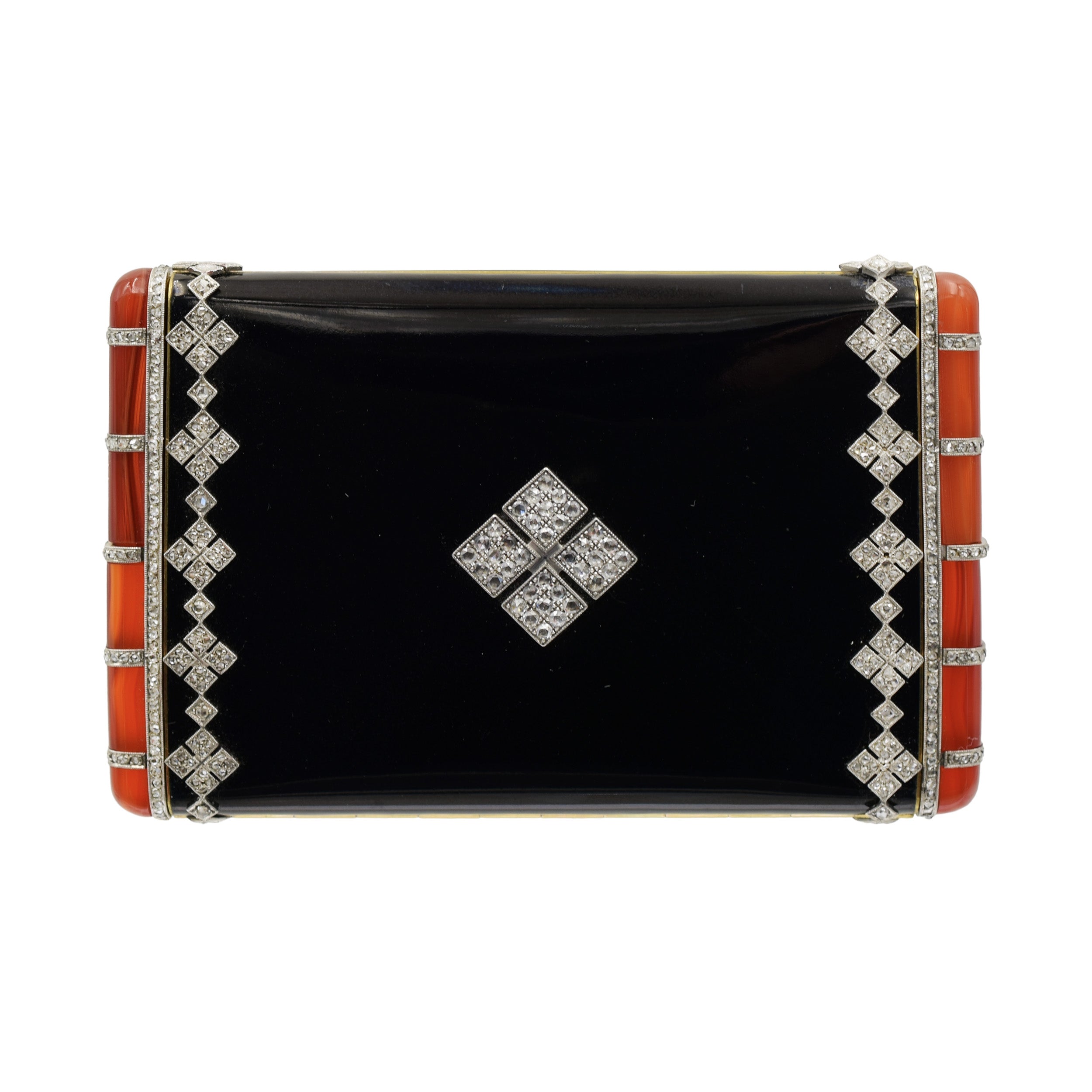 Van Cleef & Arpels Diamond, Black Enamel, and Carnelian Compact In 18k Gold & Platinum