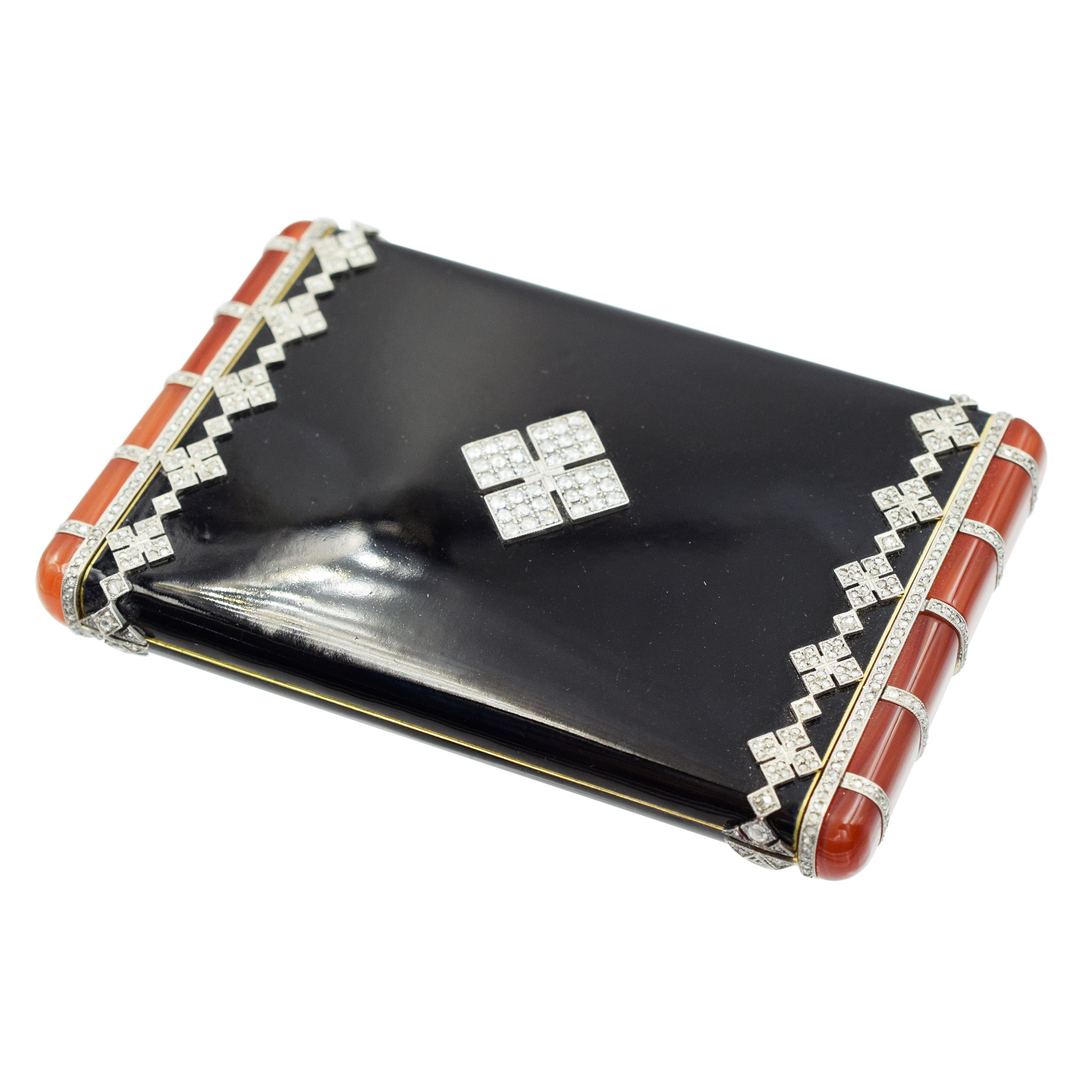 Van Cleef & Arpels Diamond, Black Enamel, and Carnelian Compact In 18k Gold & Platinum