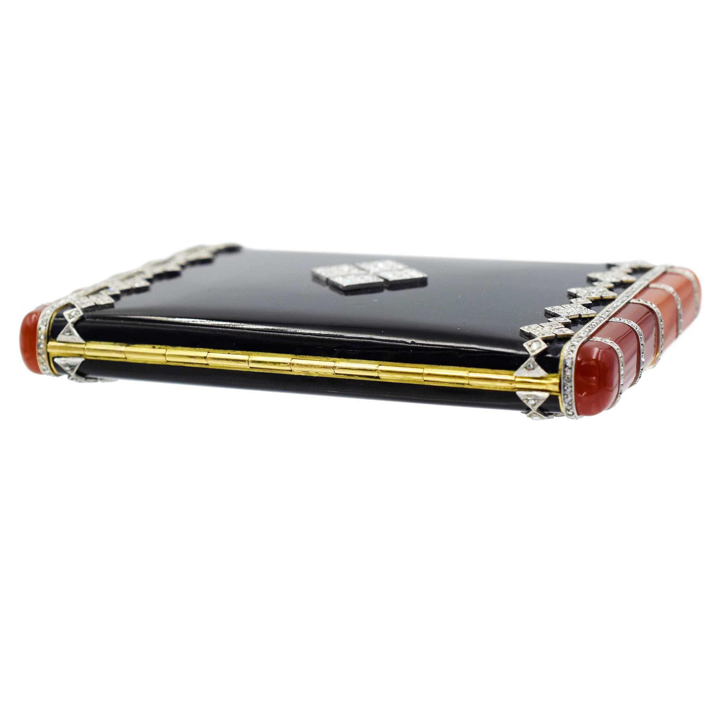 Van Cleef & Arpels Diamond, Black Enamel, and Carnelian Compact In 18k Gold & Platinum