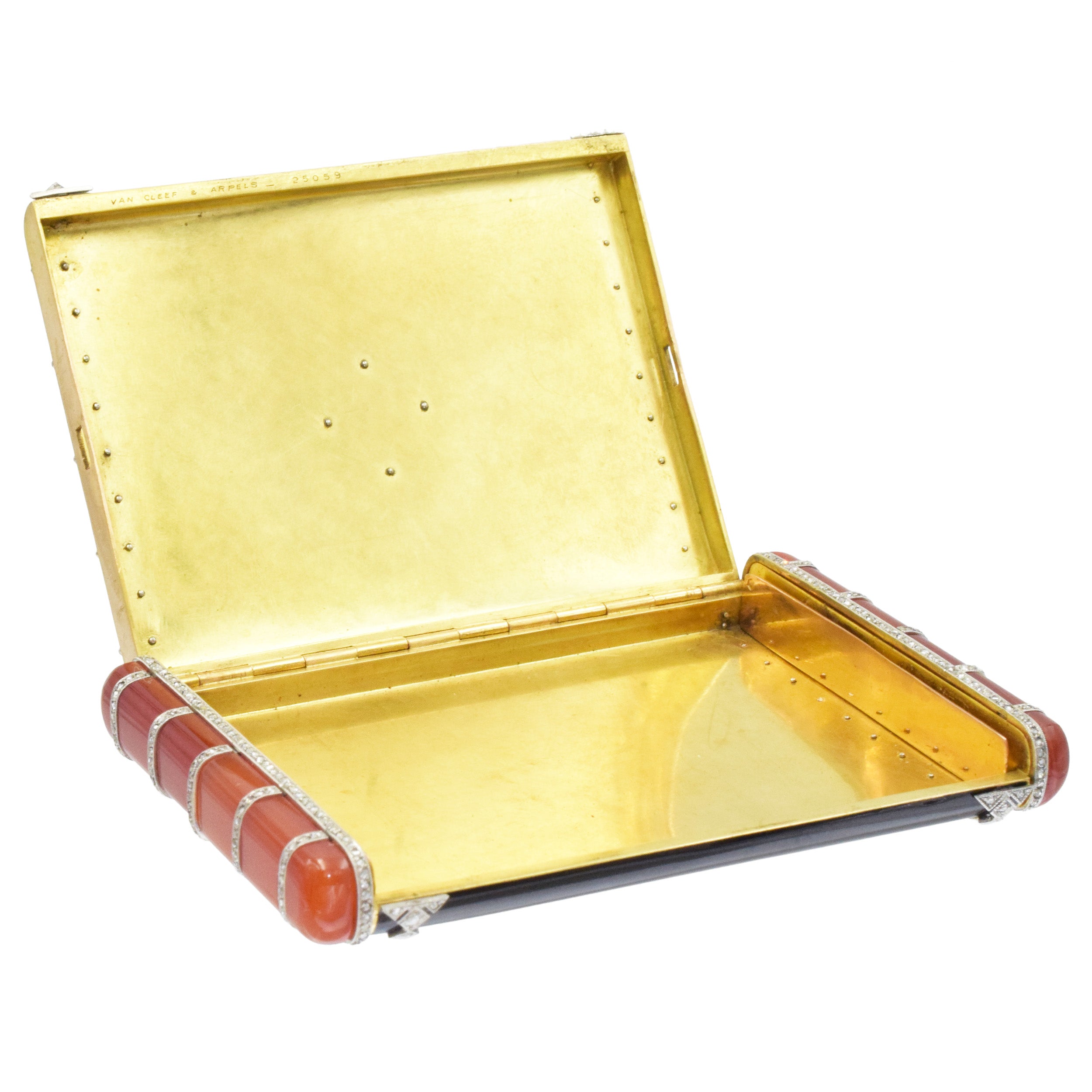 Van Cleef & Arpels Diamond, Black Enamel, and Carnelian Compact In 18k Gold & Platinum
