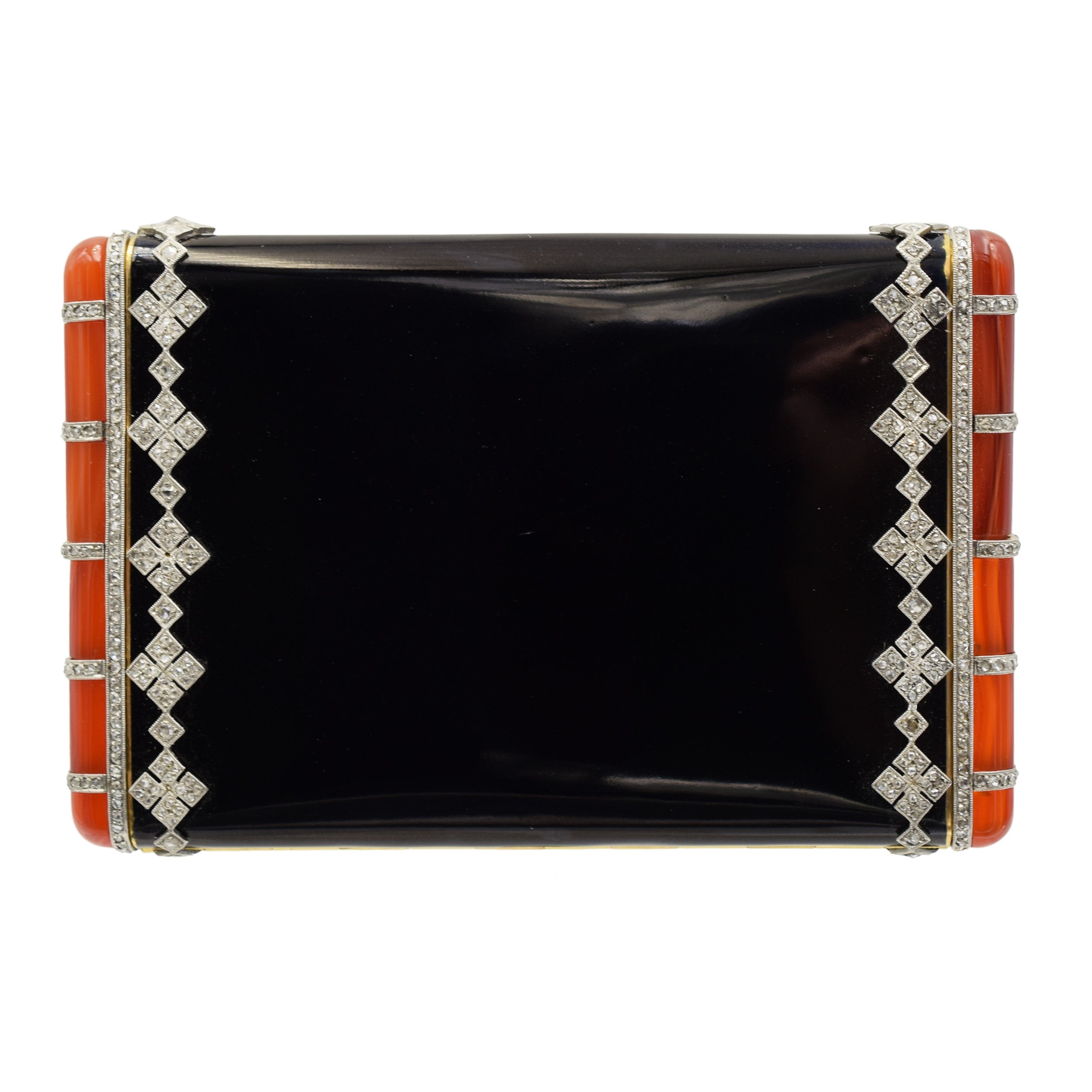 Van Cleef & Arpels Diamond, Black Enamel, and Carnelian Compact In 18k Gold & Platinum