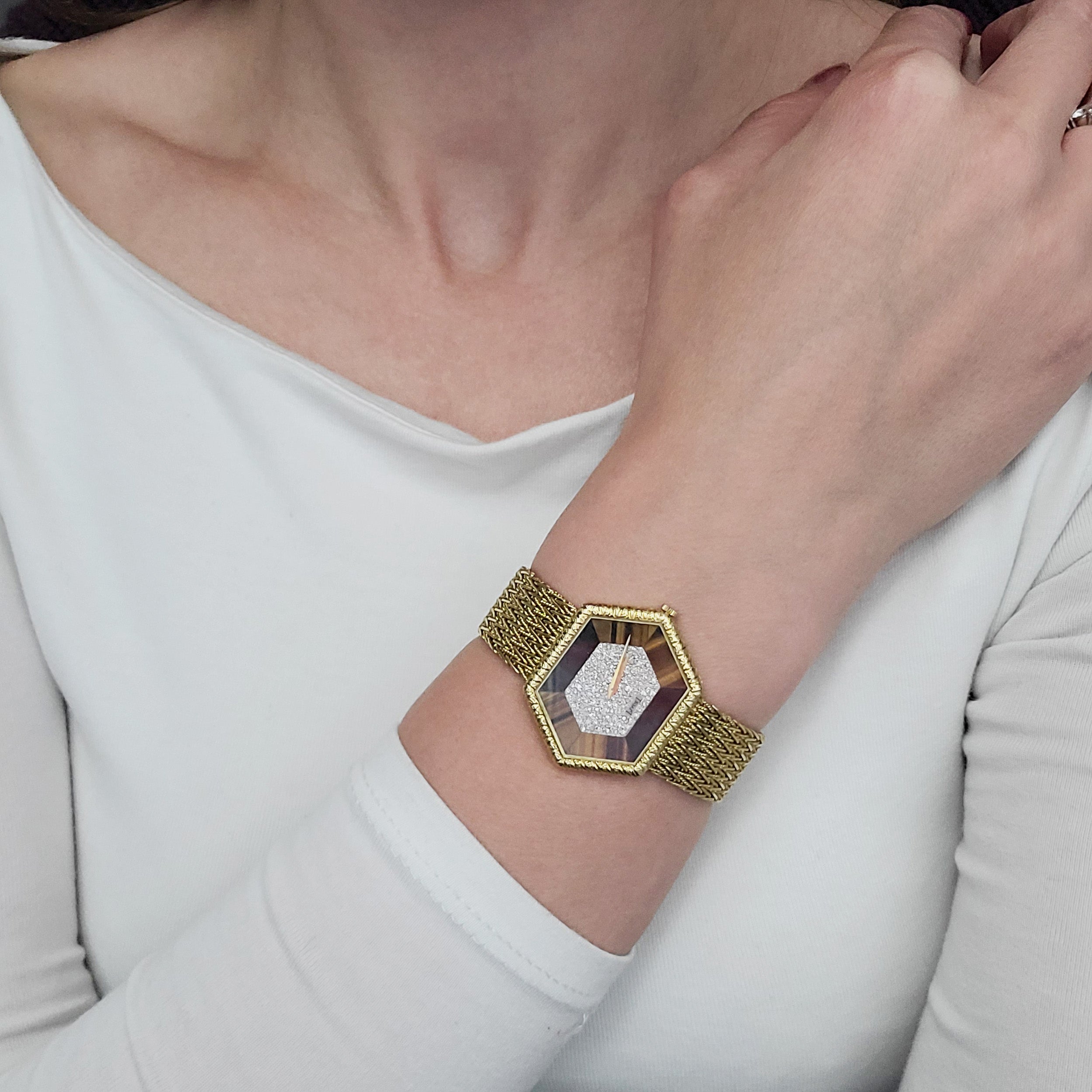 Piaget 18k Yellow Gold Hexagon Wrist Watch With Diamond And Tiger Eye Accents